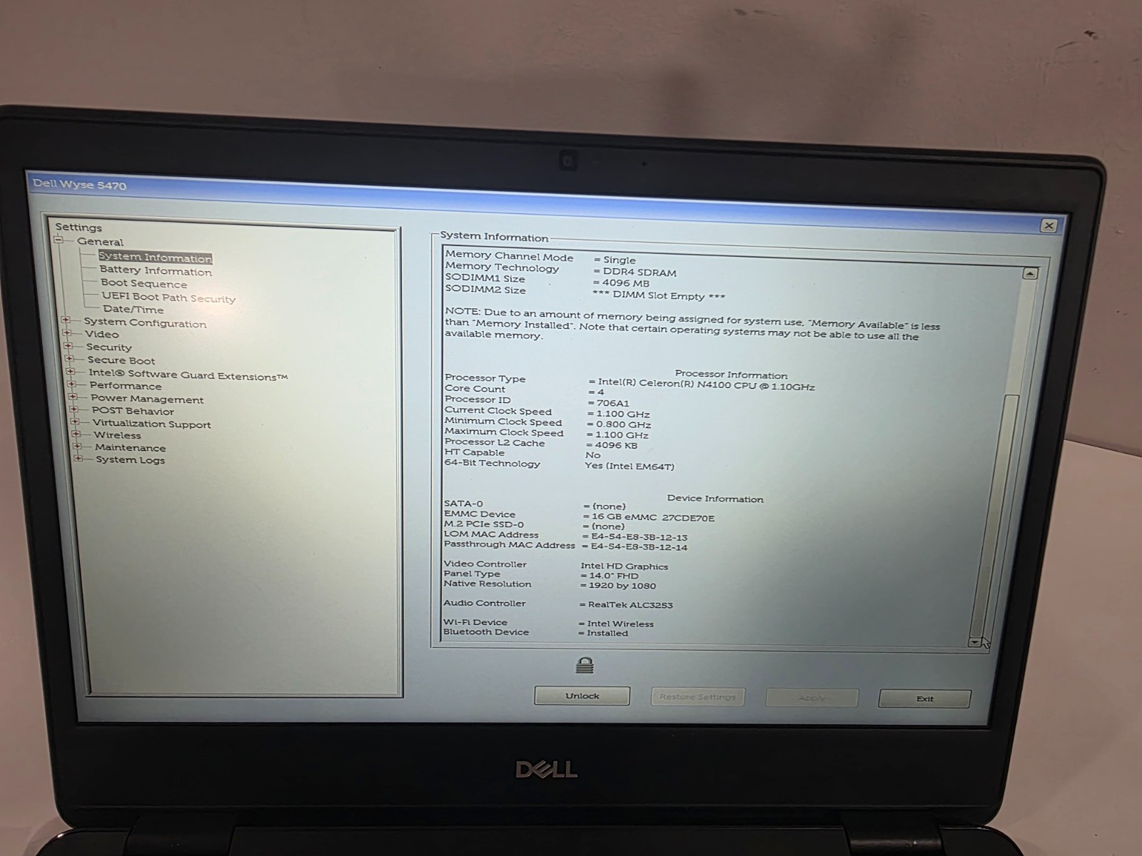 Dell Wyse 5470 Celeron 4GB 16GB Linux Mint Webcam Bluetooth
