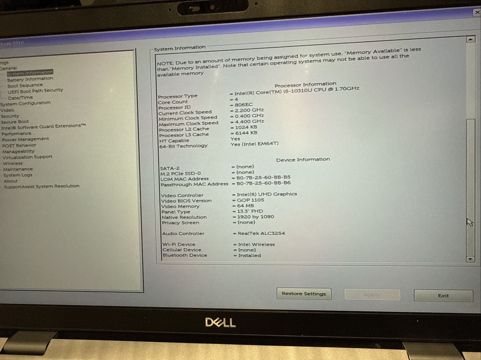 Dell Latitude 5310 Intel i5-10310U 1.7GHz 4GB RAM NO SSD NO HDD NO OS *READ*