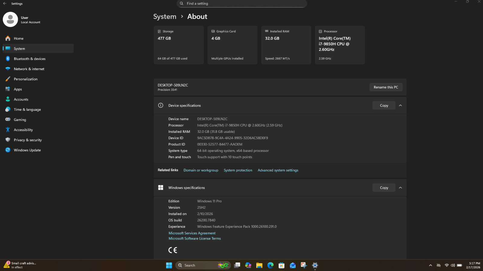 Dell Precision 3541 Mobile Workstation Intel(R) Core(TM)i7-9850H CPU @2.6 GHz 35
