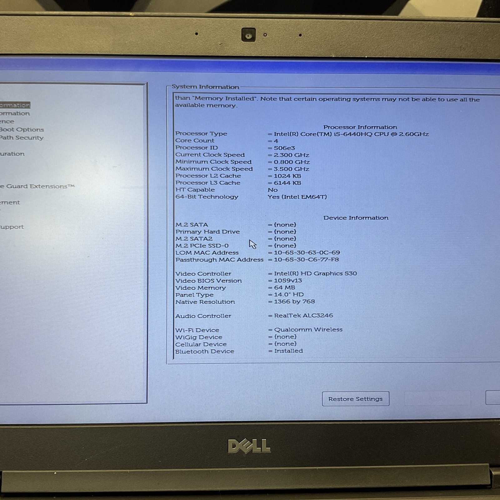 Dell Latitude 5480 / i5 6th Gen / BIOS Unlocked / No RAM / No SSD / M15