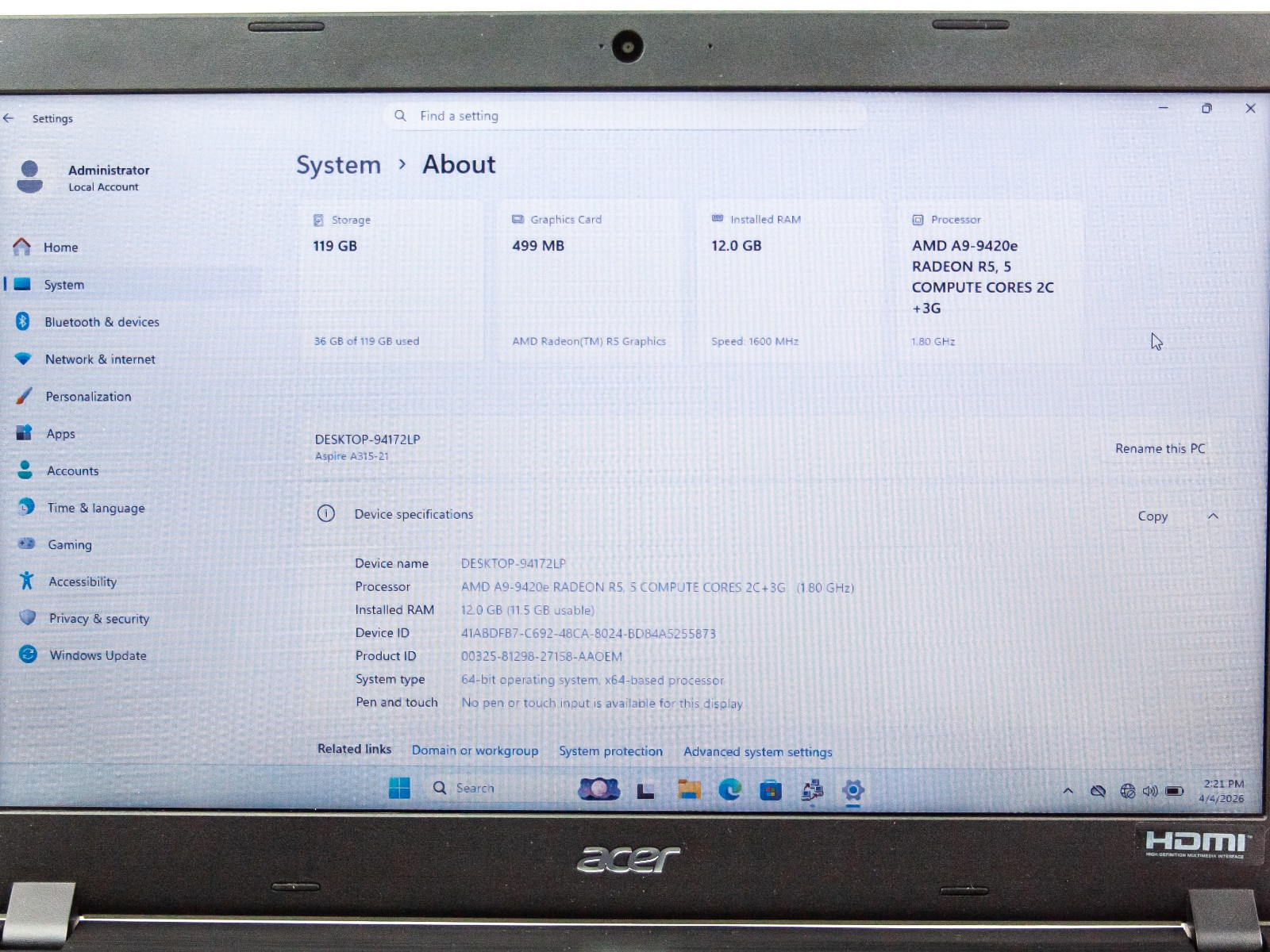 Acer Aspire 3 A315-21 N17Q3 AMD A9-9420e/Radeon R5/12GB RAM/128GB SSD/Win 11