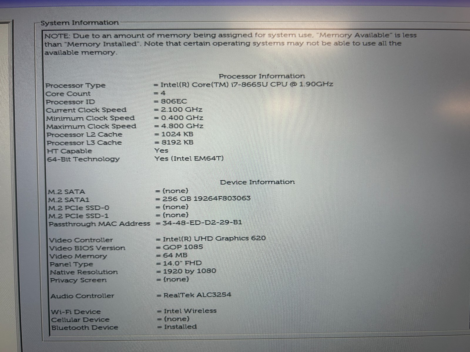 DELL LATITUDE 7400, Intel Core i7-8665U, 1.90 GHz, 20 GB RAM, 256 GB M.2