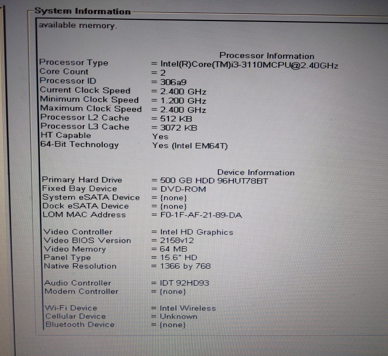 Dell Latitude E5530 Intel i3-3110M 2.40Ghz 8GB Ram 500GB HDD No Charger No OS