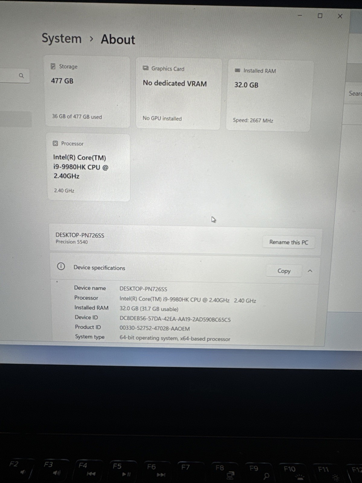 Dell Precision 5540 i9-9th Gen 32GB 512Gb WIN 11 Pro – Check Mousepad – READ