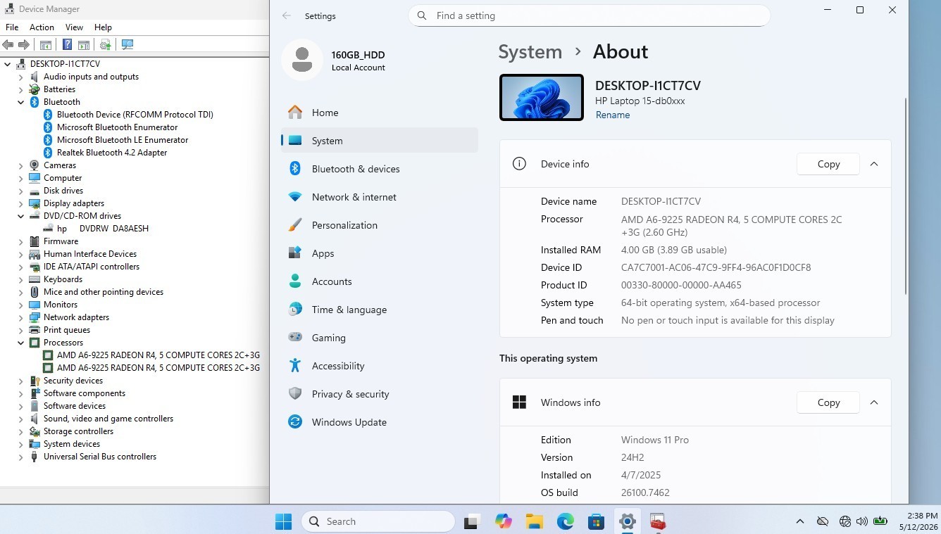 HP 15-db0xxx 14″ AMD A6-9225 Radeon R4 2.6GHz, 4GB RAM, Windows11 Pro, 160GB HDD
