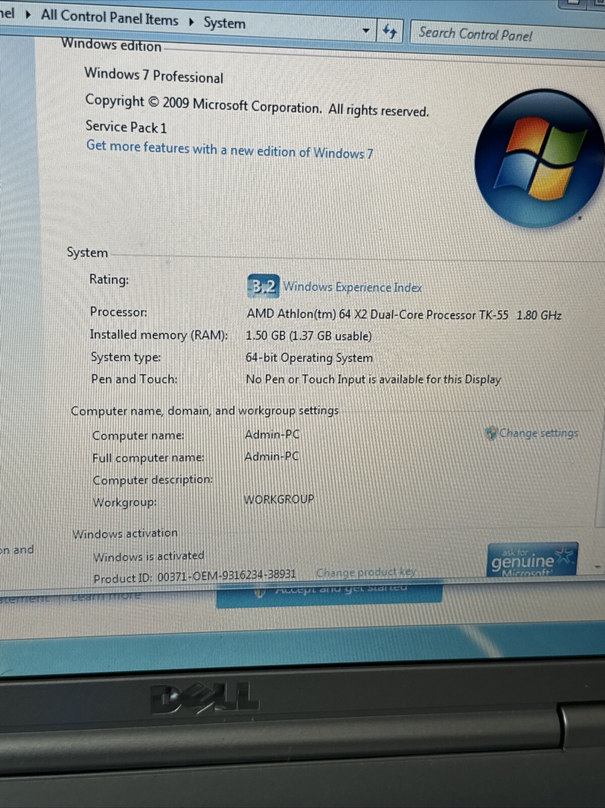Lg Wdscreen Dell Inspiron 1521 Laptop 1.GB Windows 7 Pro AMD Turion 64×2 Battery