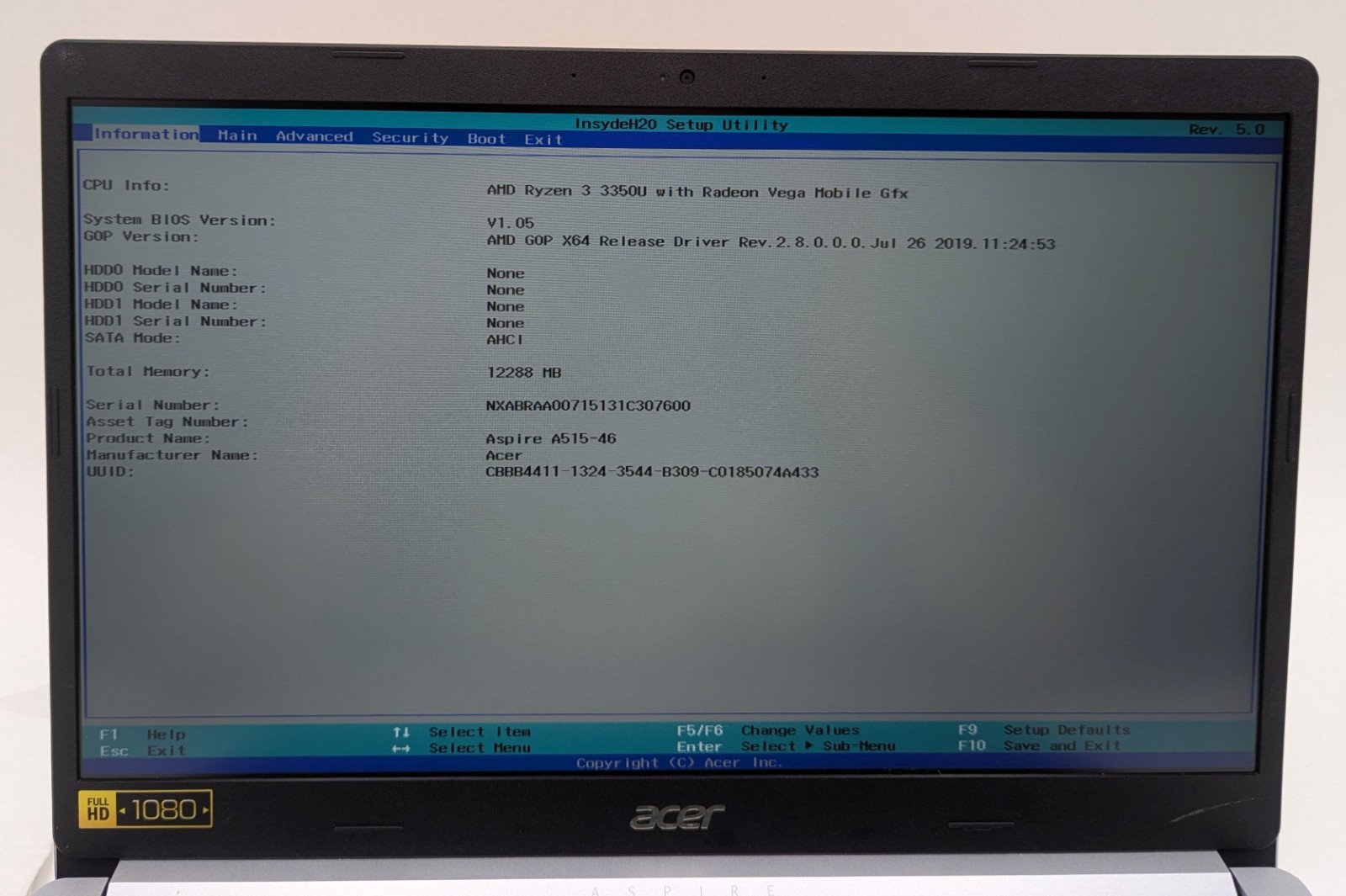 Incomplete Acer Aspire A515-46-R3UB 15.6″ Laptop Ryzen 3 3350U 2.10GHz 12GB RAM