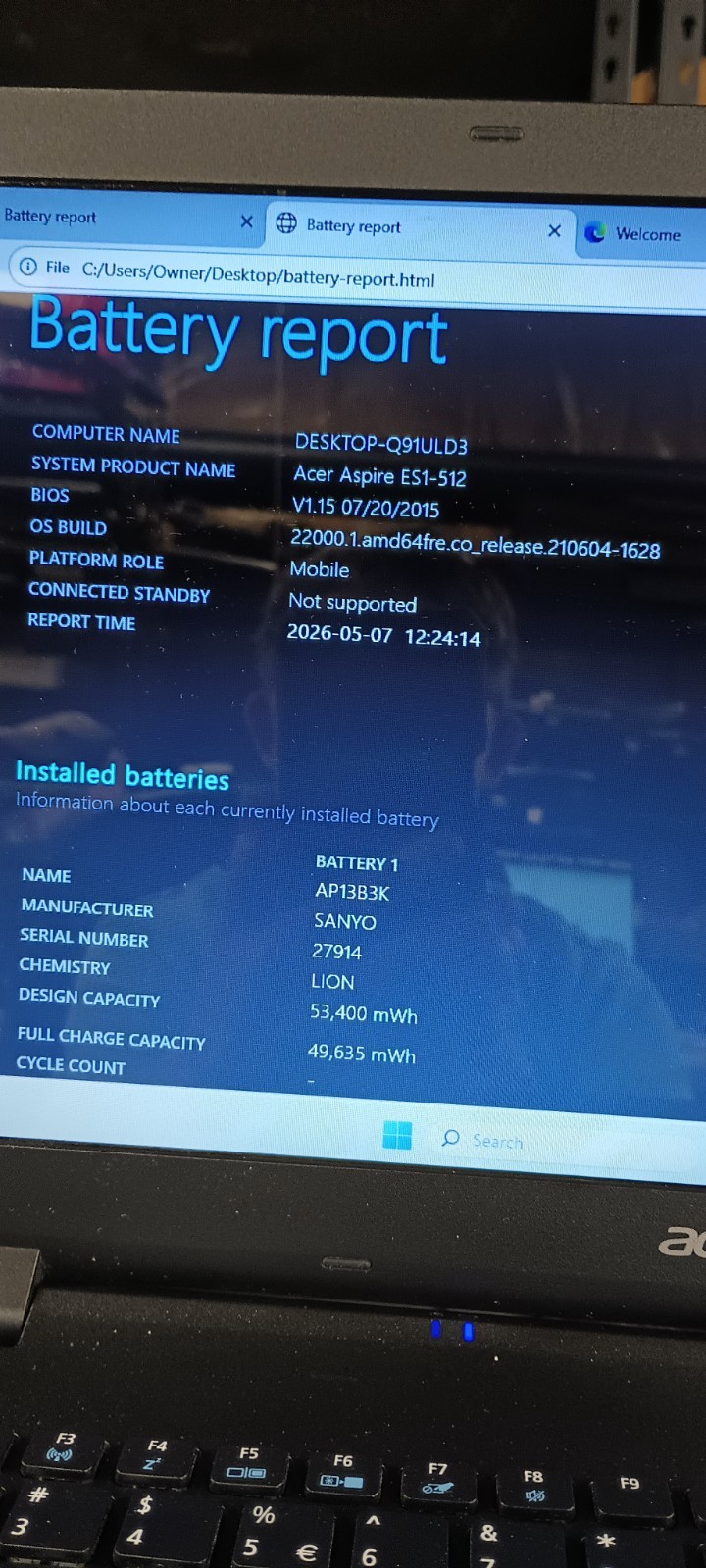 58398 Aspire ES1-512 w/AC. Celeron N2840.4GB.500GB HDD.15.6″.W11.Nice!
