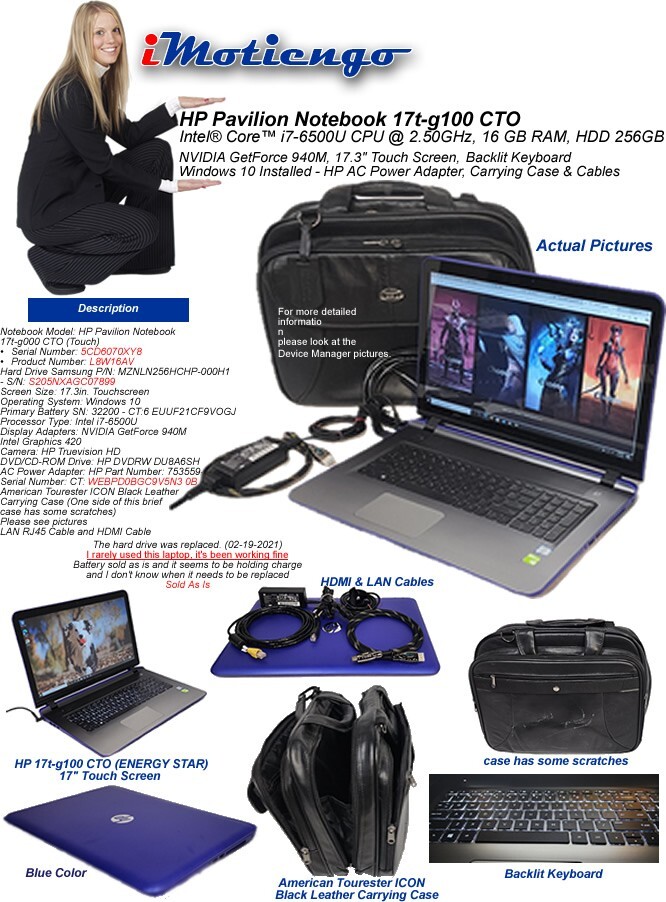 HP Pavilion Notebook 17″ Intel i7-6500U @ 2.5GHz 16GB RAM 256GB HDD Win 10+Case