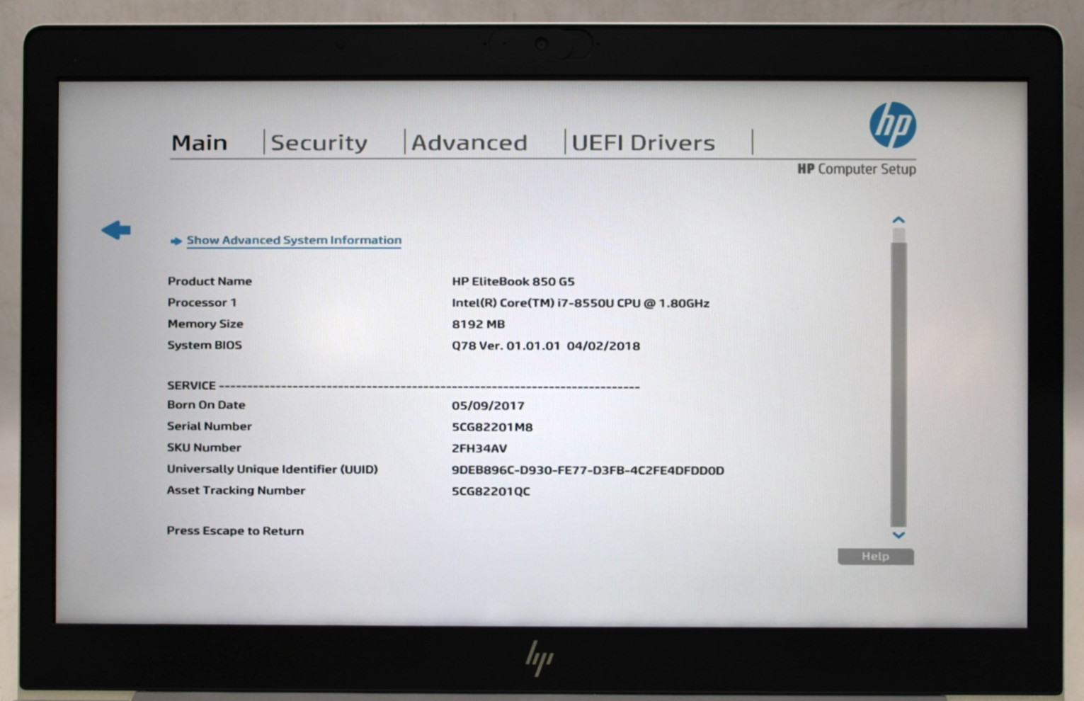 HP EliteBook 850 G5-i7-8550U@1.8GHz-8GB DDR4-NO STORAGE/OS/BATT*USED/TESTED*