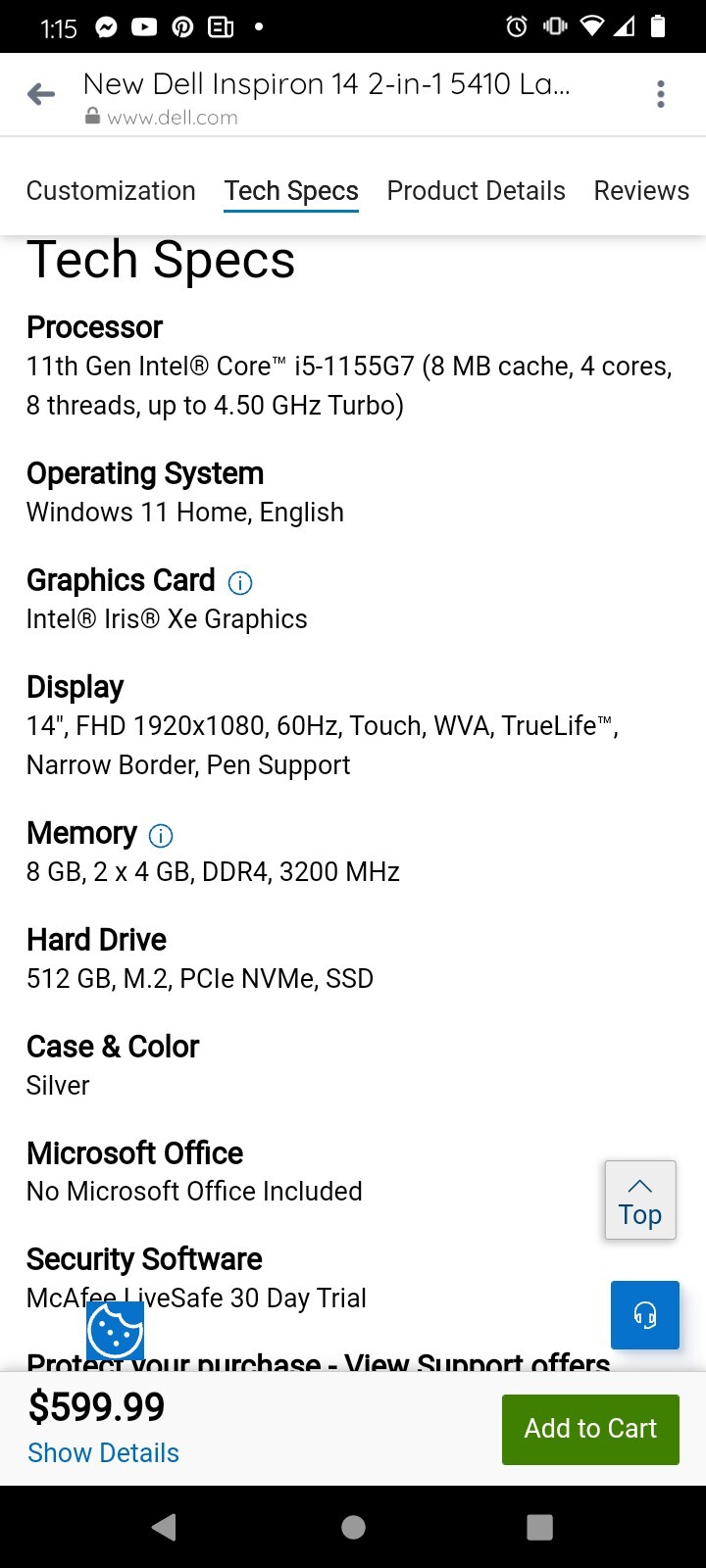 Dell Inspiron 5410 14” (512GB SSD Intel Core i5-1155G7 2.4GHz 8GB RAM)…