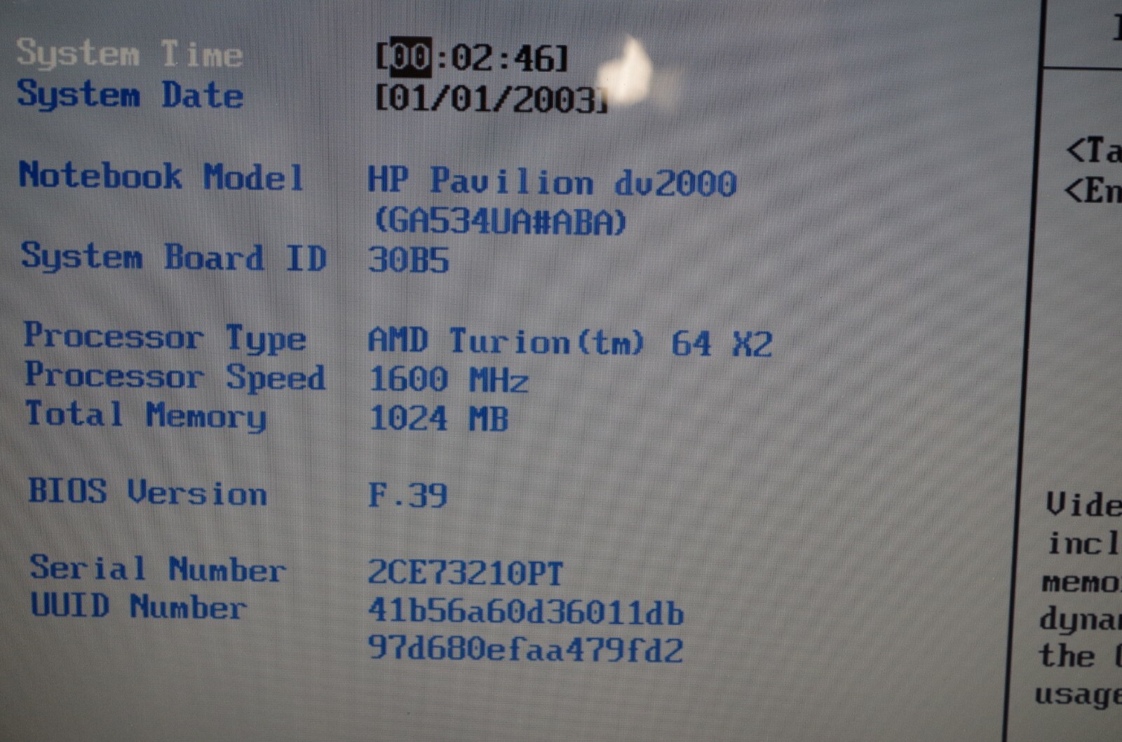 HP Pavilion dv2000 Laptop Boots to BIOS AMD Turion 1.6Ghz 1GB Ram No HD