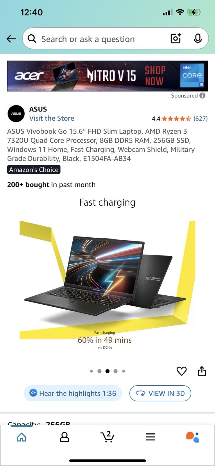 ASUS Vivobook Go 15.6” FHD Slim Laptop, AMD Ryzen 3 7320U