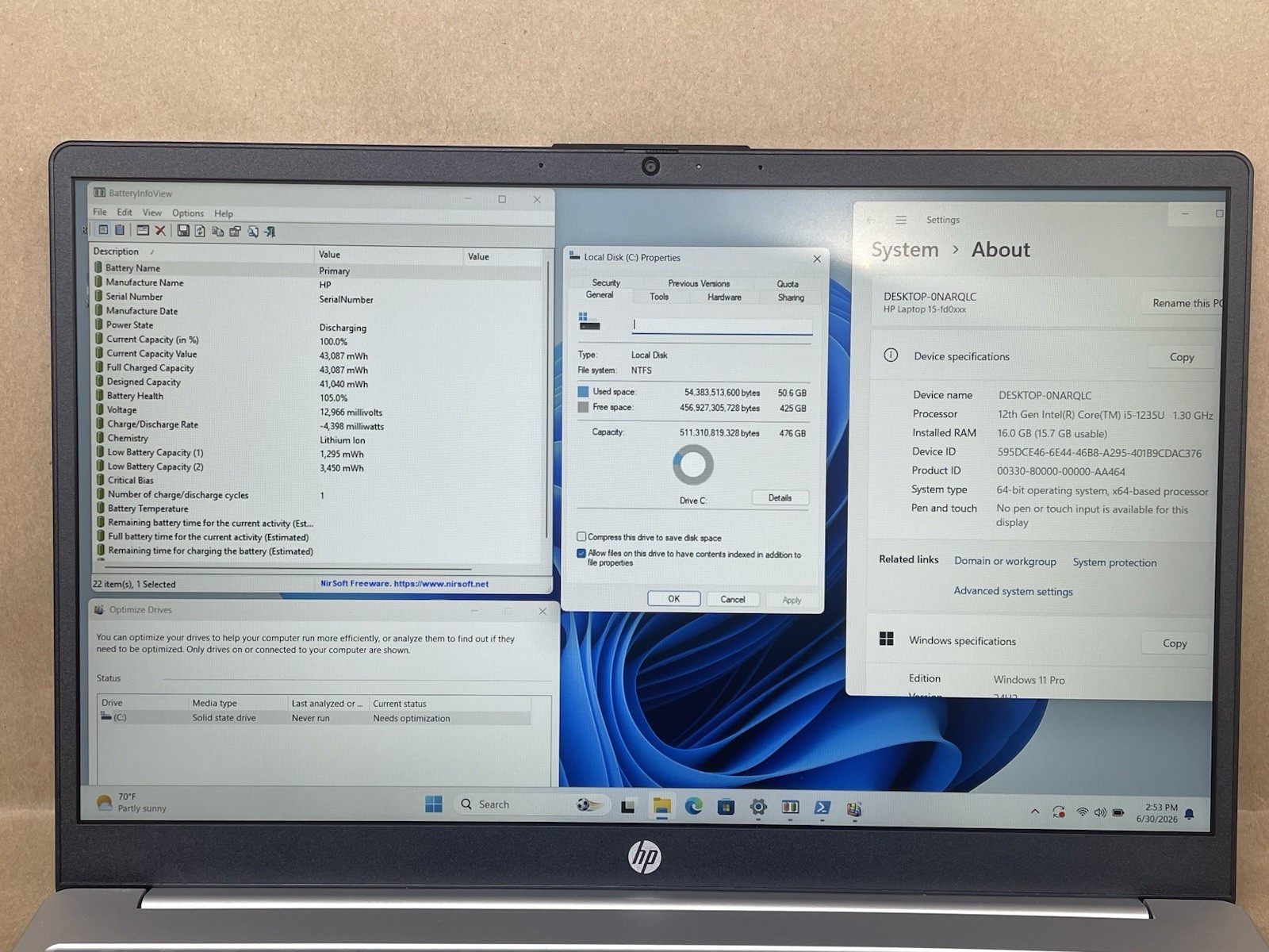 HP 15-fd0095wm 15.6″ i5-1235U@1.30GHz 16GB 512GB SSD Win11 Pro