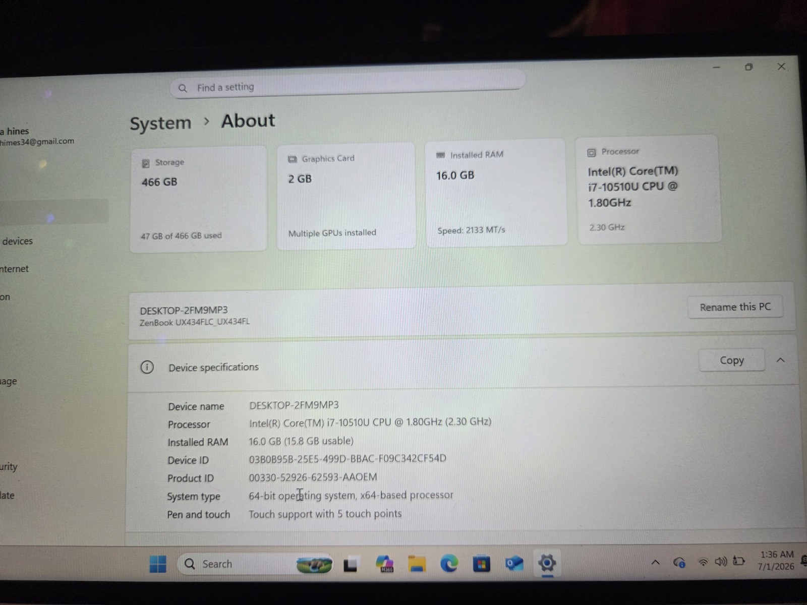ASUS ZenBook UX434FLC 14″ i7 10th Gen 16GB 512GB SSD Win11 Pro Blue