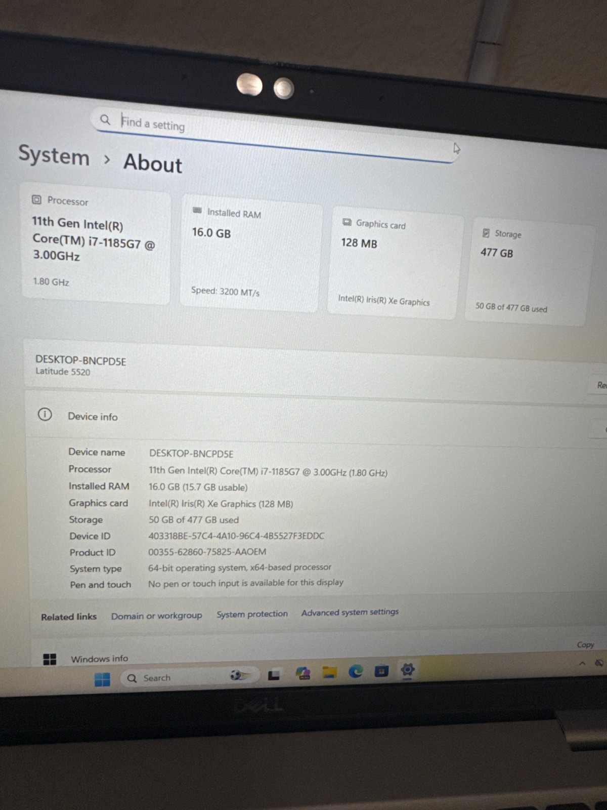 DELL Latitude 5520 i7 11th Gen., 477Gb Storage, 16GB Ram, No power adapter.