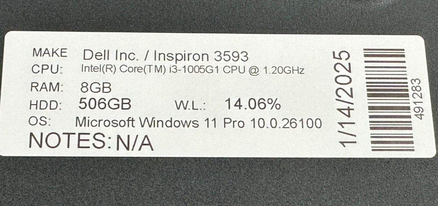 DELL INSPIRON 3593 LAPTOP CORE i3-1005g1 @ 1.20Ghz 8GB RAM 506GB SSD (lp481)