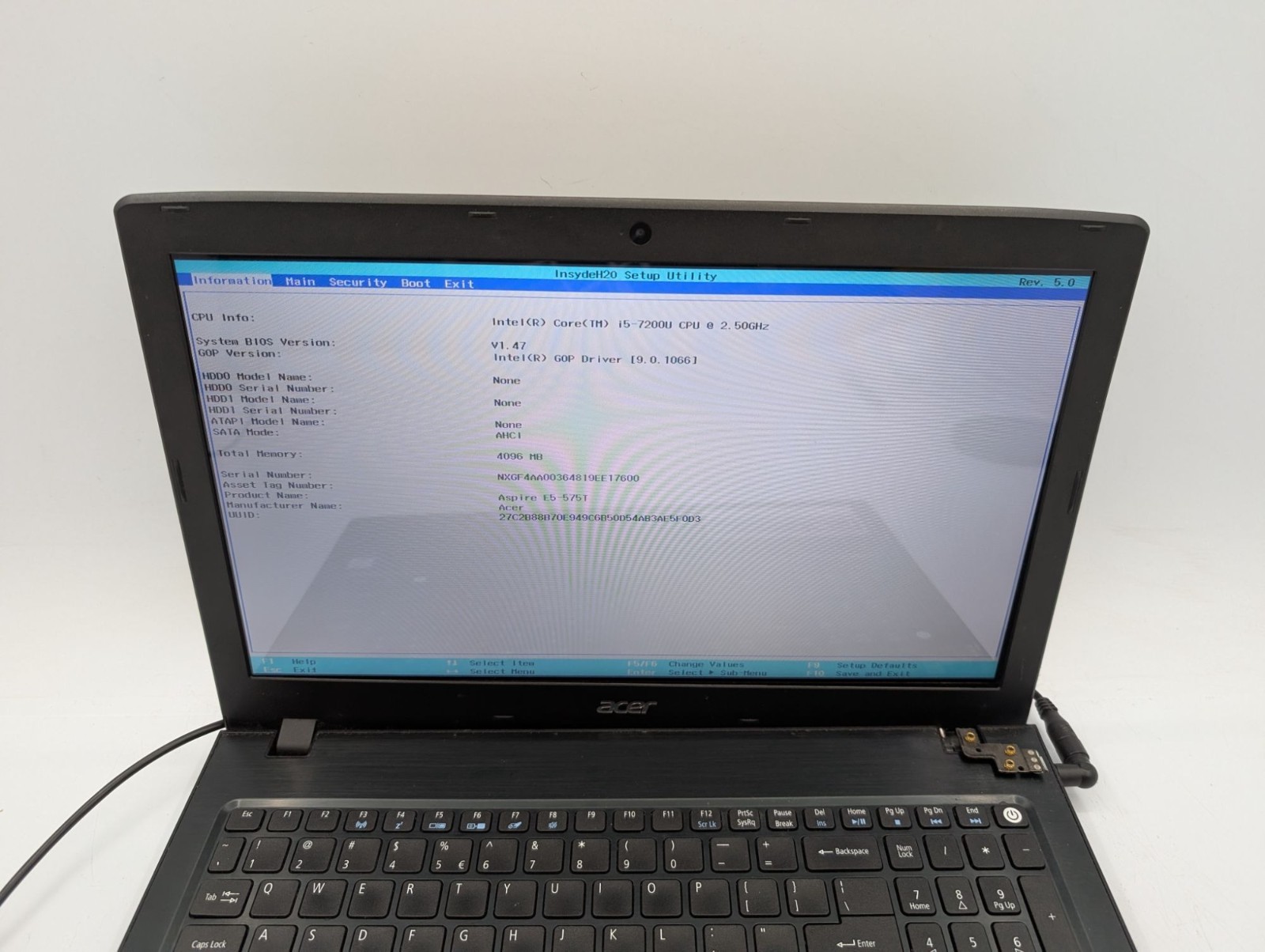 Acer Aspire E15 E5-575T-58WH 15.6″ Laptop i5-7200U No SSD Boots to BIOS Parts