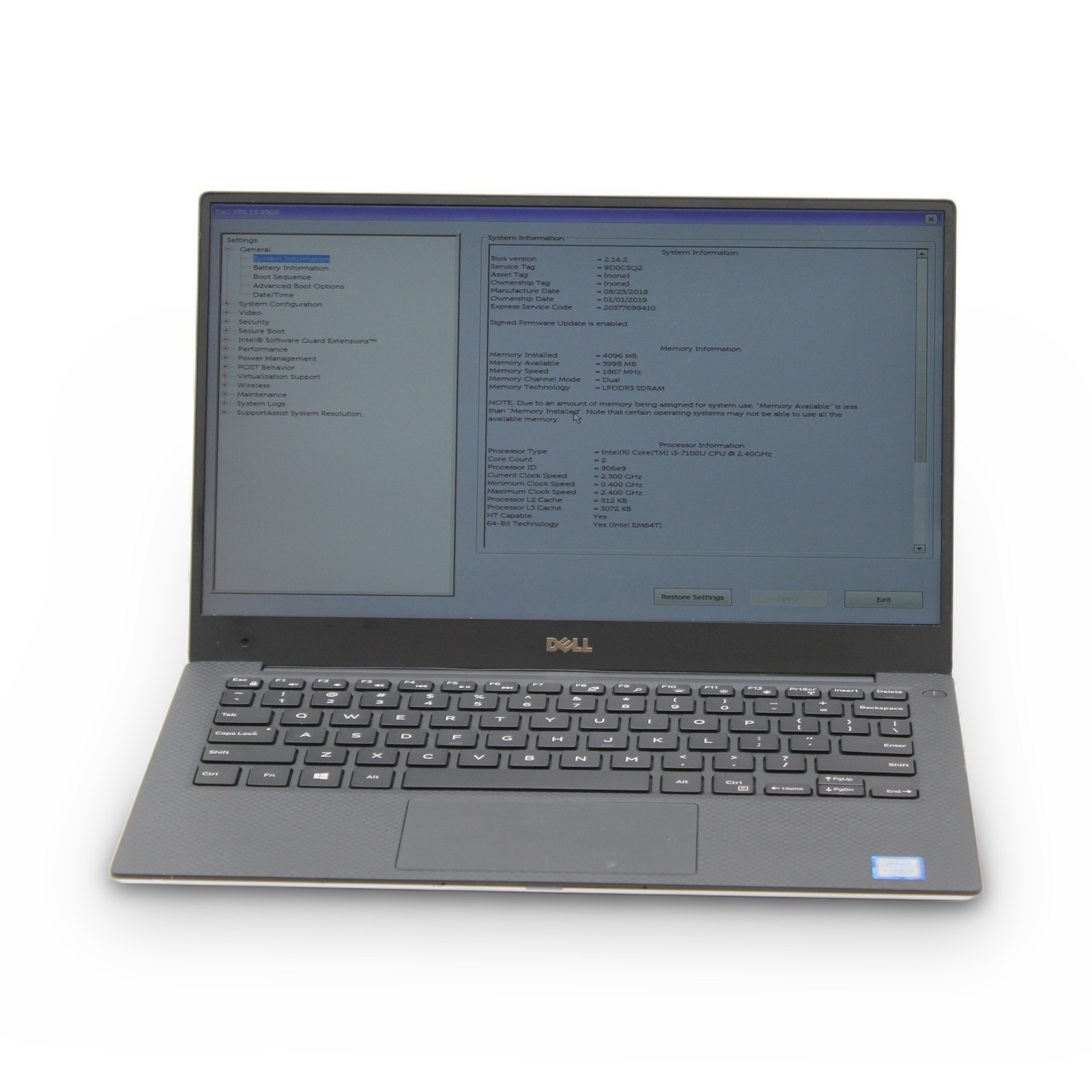 Dell XPS 13 9360 13.3in FHD i3-7100U 4GB No OS, Drive, Power Cord