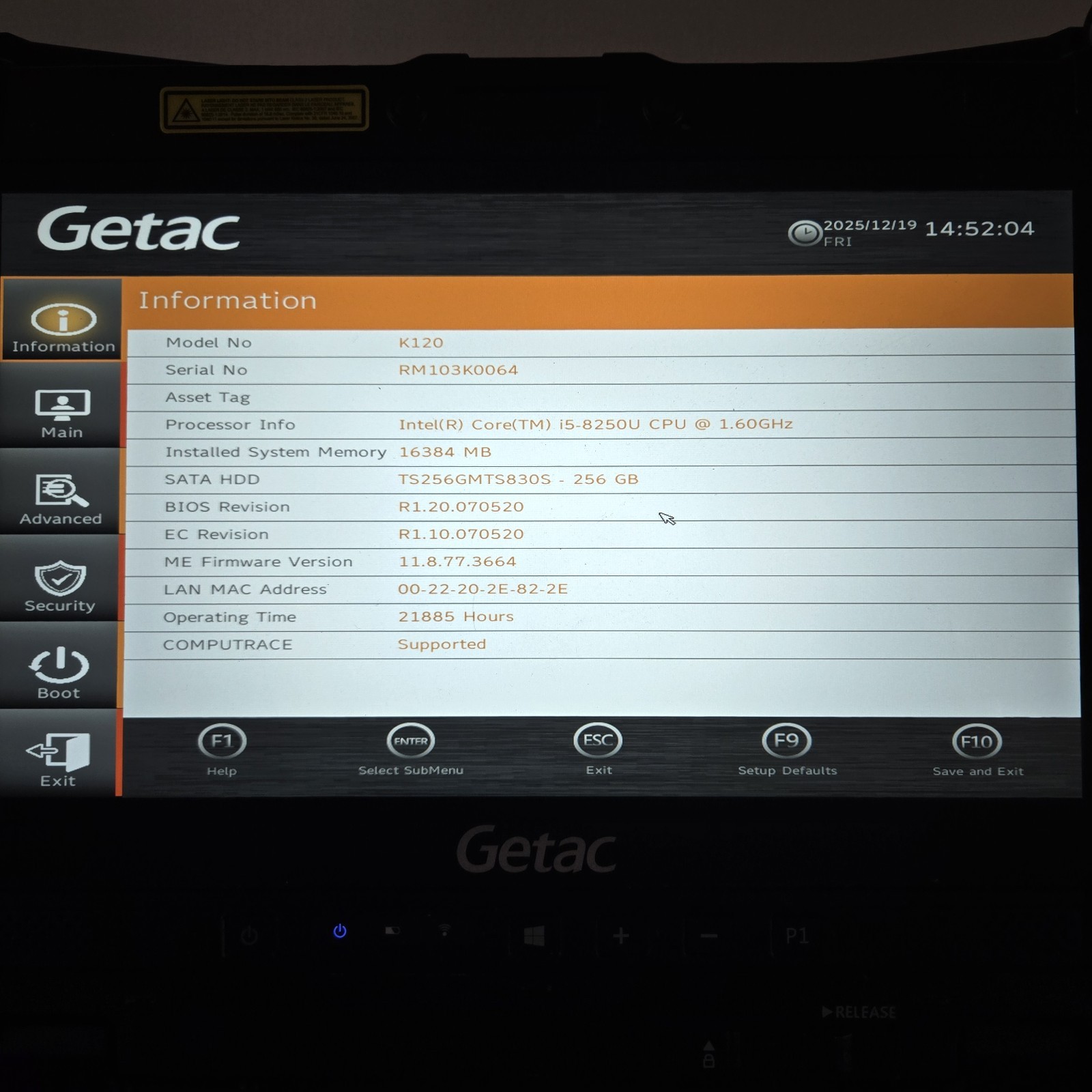 Getac K120 Toughbook i5-8250U 1.60GHz 256GB SSD 16GB Ram – Win11 – 4G – GPS – B