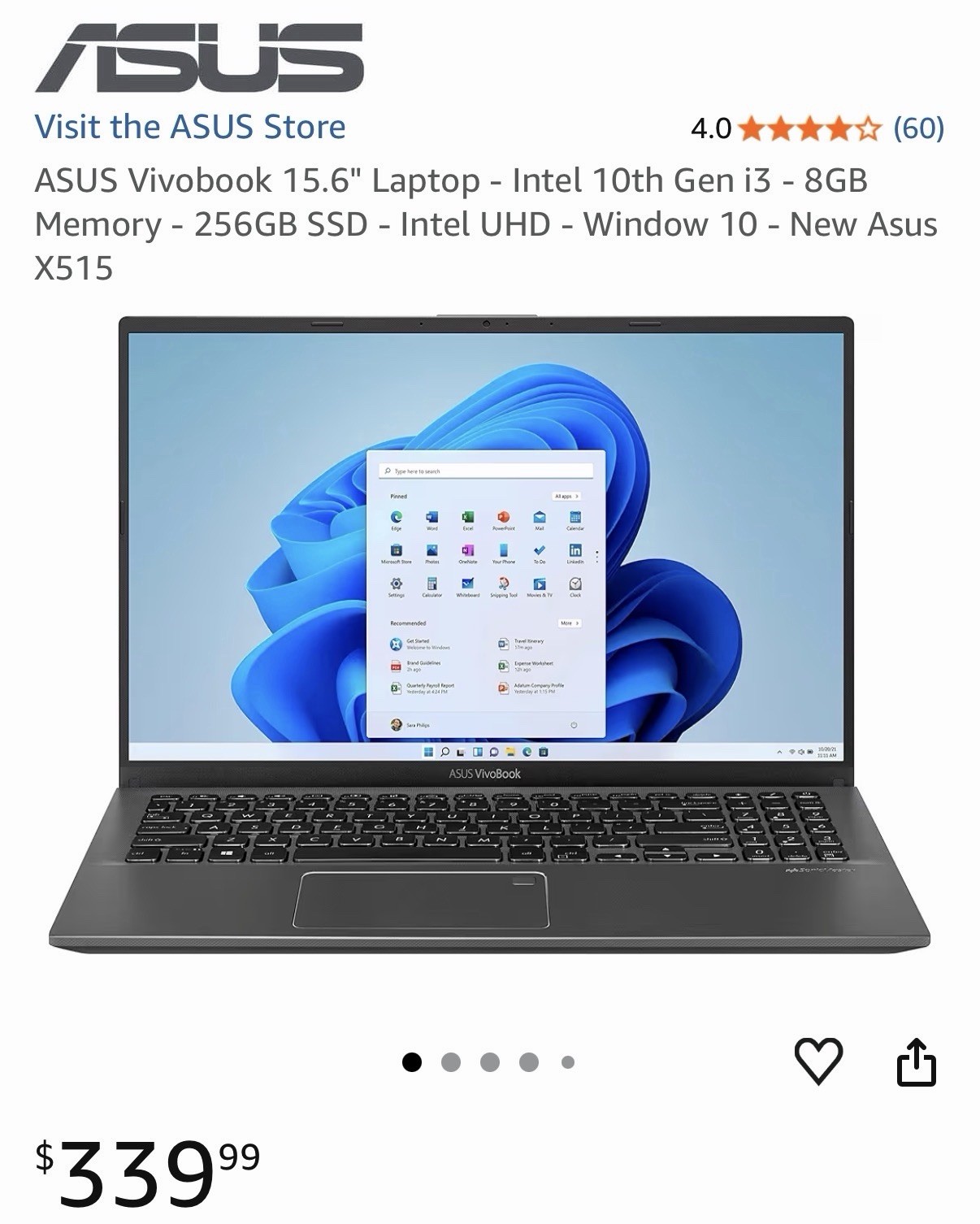 ASUS VivoBook X515J 15.6″ (128GB SSD, Intel Core i3 10th Gen., 1.20 GHz, 8 GB)