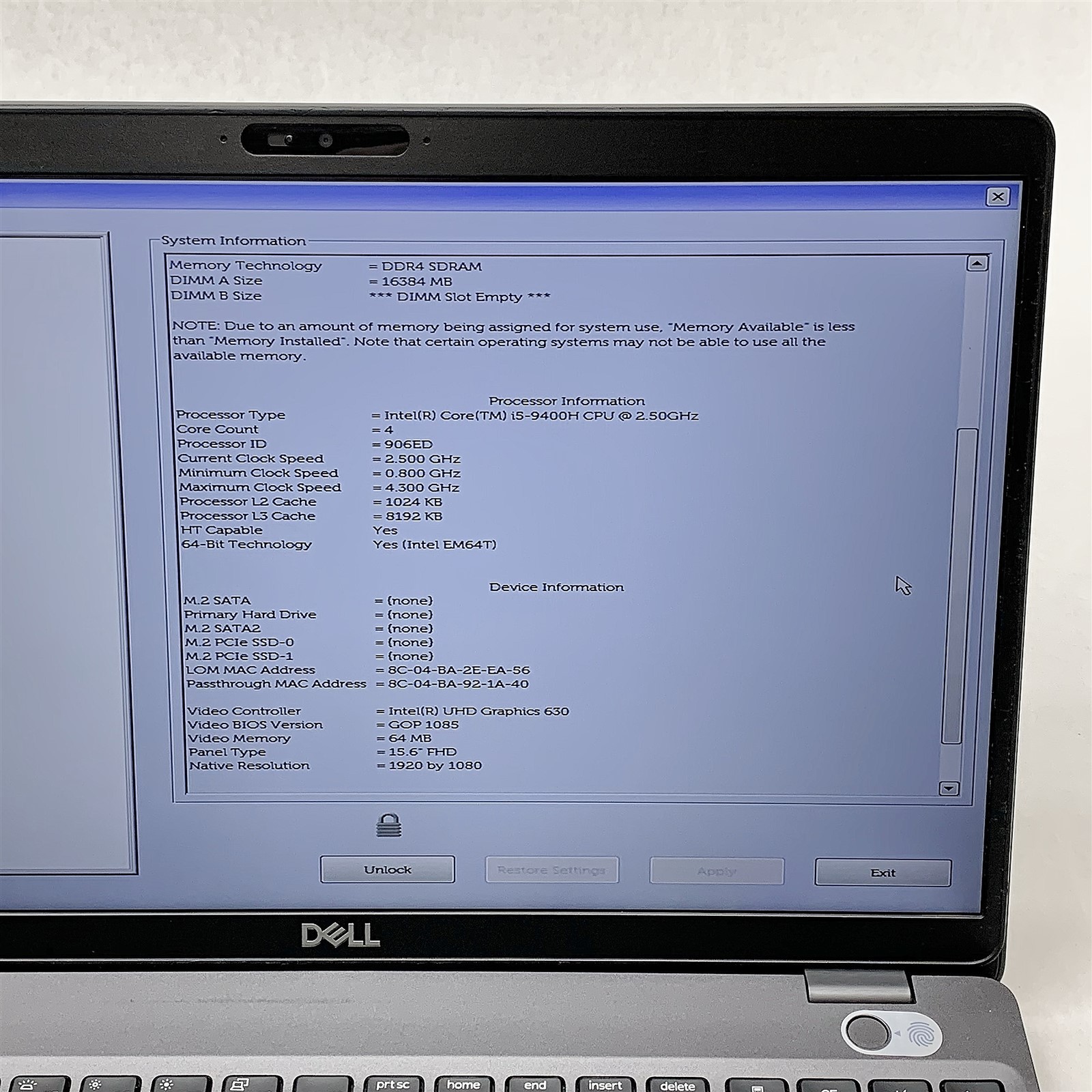 Dell Latitude 5501 Laptop i5 9400H 2.50GHZ 15.6″ FHD 16GB RAM NO HDD BIOS LOCKED