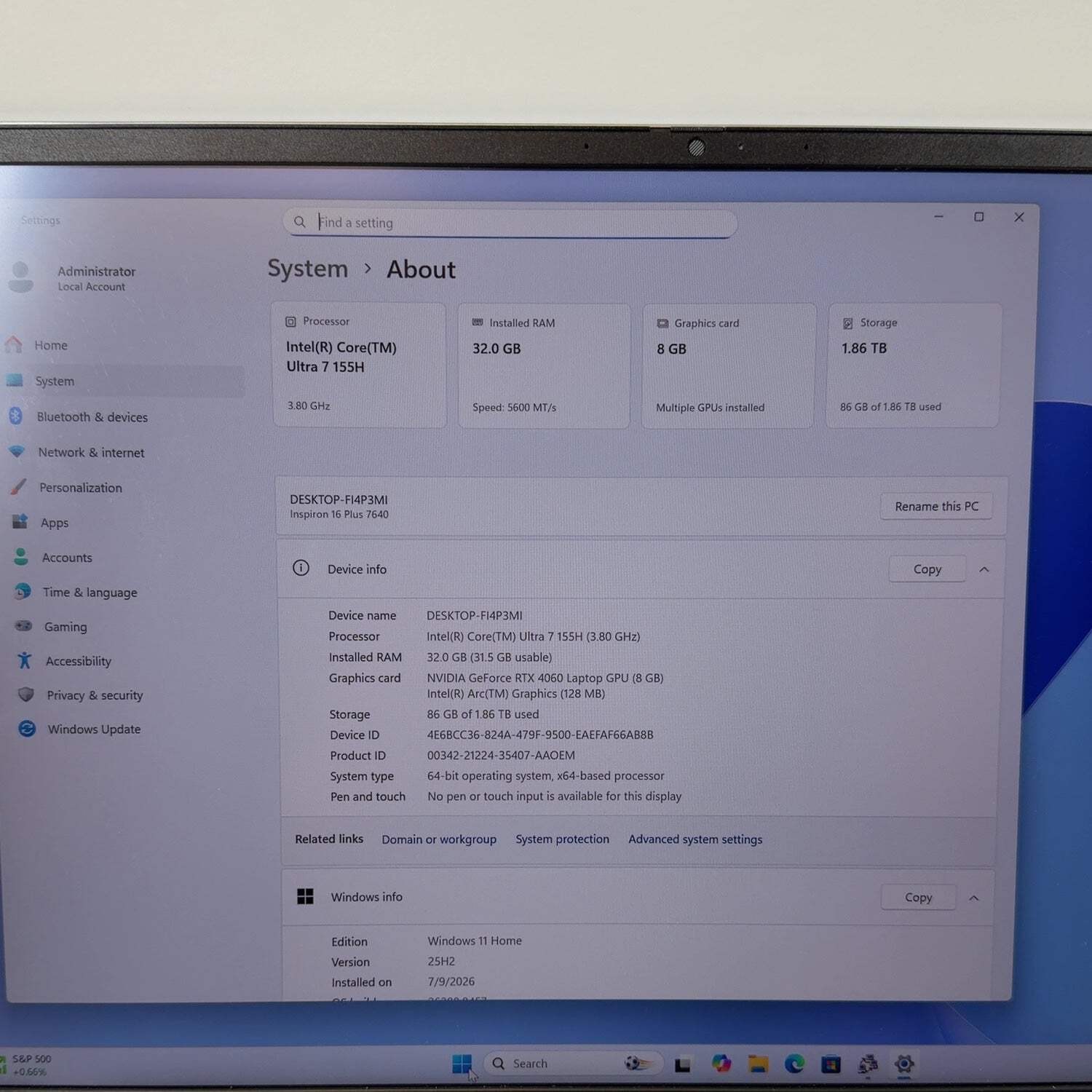 Dell inspiron 16 Plus 7640 15.6″ Ultra 7 155H 32GB RAM 2TB SSD GeForce RTX 4060