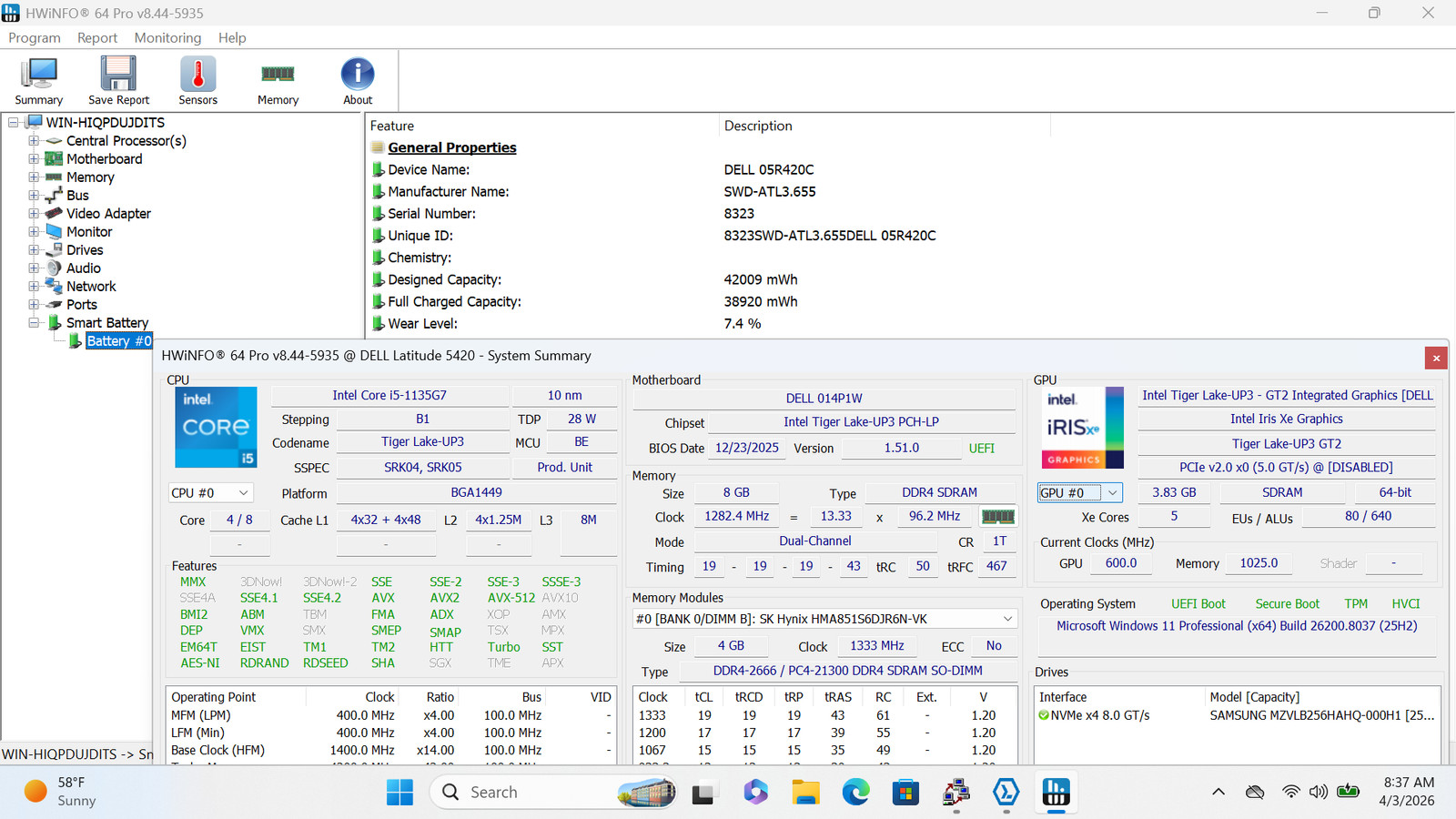 Dell Latitude 5420 14″ FHD I5-1135G7 256GB SSD 8GB W11P Webcam Backlit IRCam