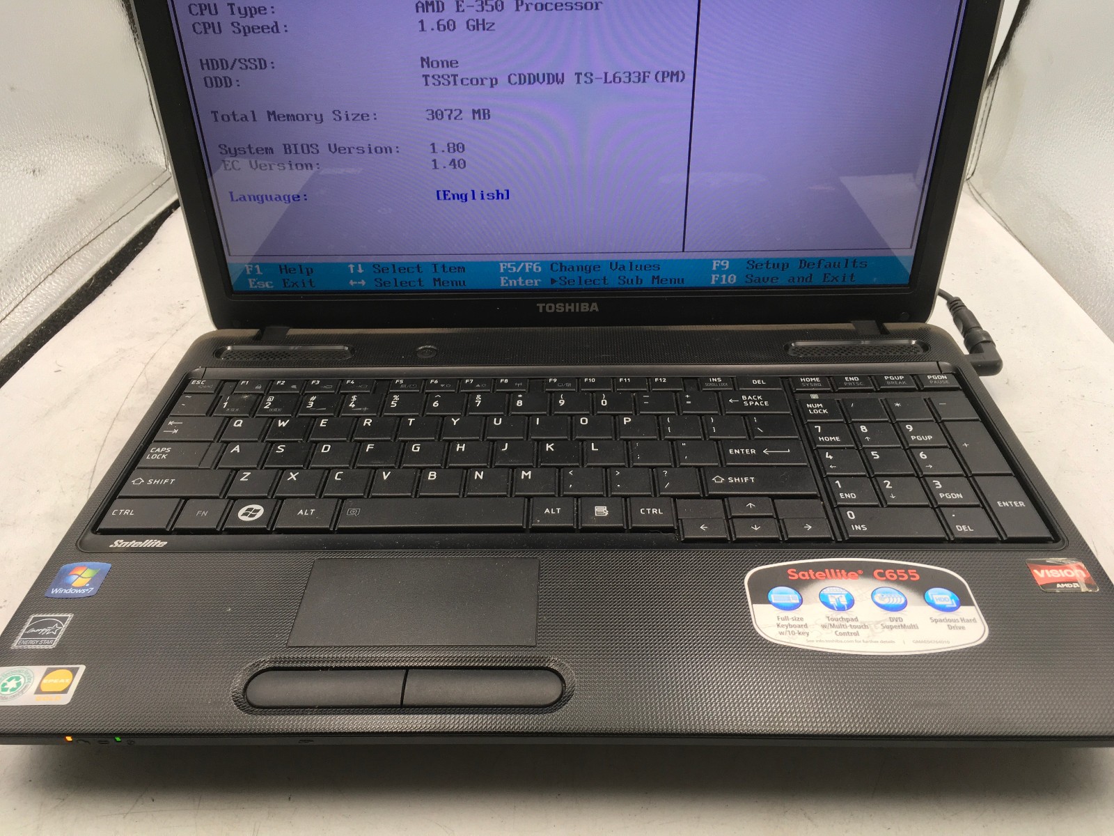 TOSHIBA SATELLITE C655-S5201 – BOOTS TO BIOS – AMD E 350 – 3GB RAM -READ-BB