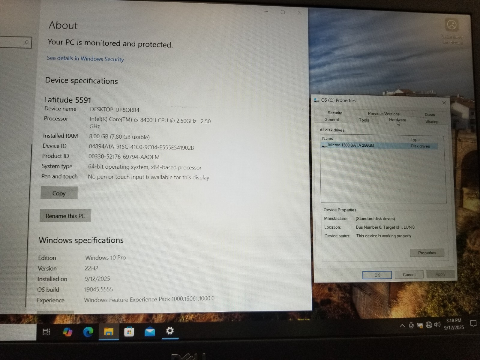 Dell Latitude 5591 / Intel Core i5- 8400H 2.50GHz / 8GB RAM / 256GB SSD / W10Pro
