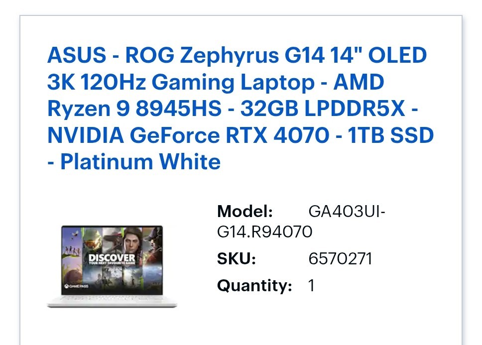 ASUS ROG Zephyrus G14 120Hz OLED Ryzen 9 8945HS 32GB RTX4070 GA403UI + 8TB SSD