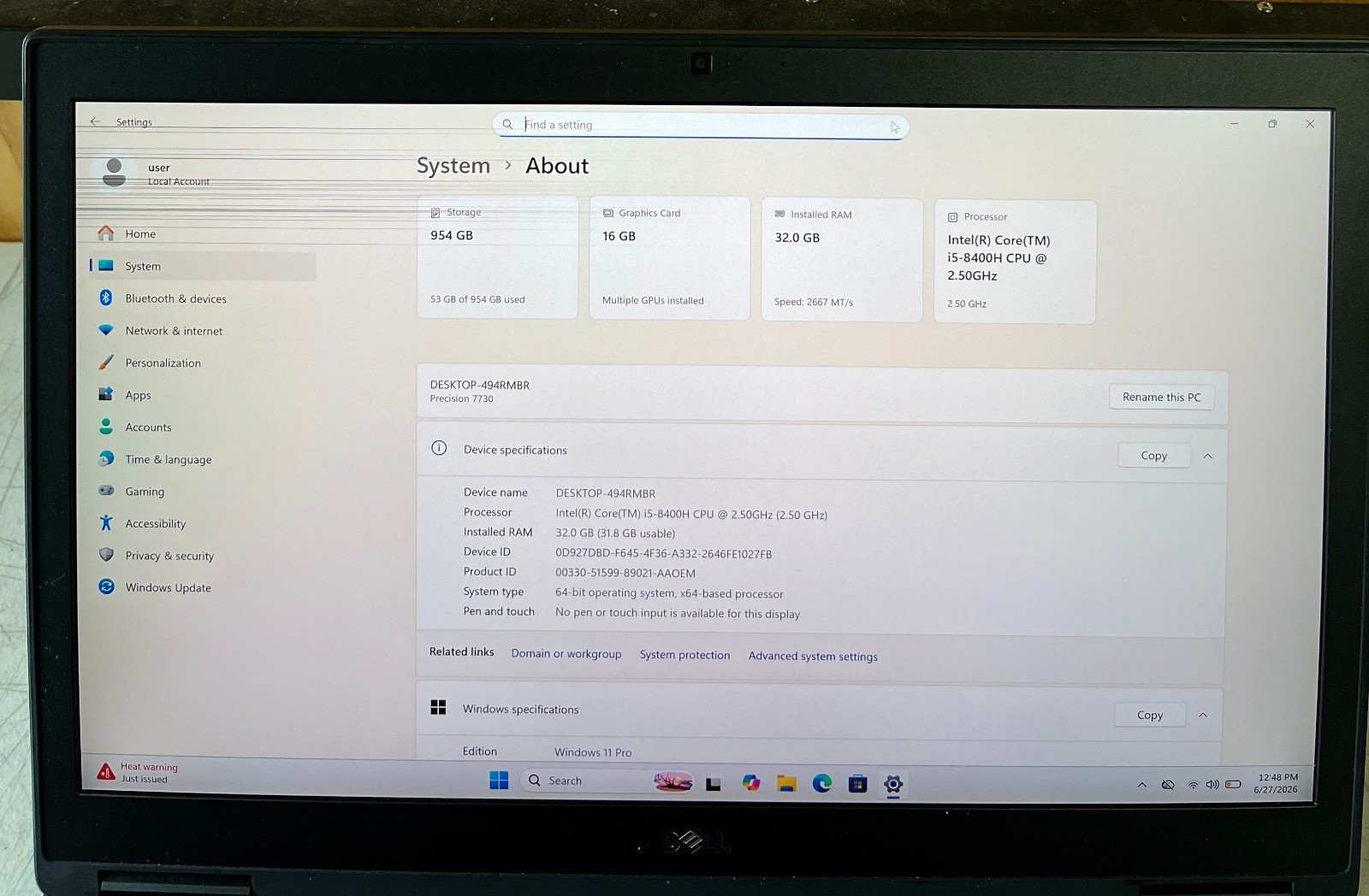 DELL PRECISION 7730 17.3″ i5-8400H 1TB/32GB RAM 16GB video WIN 11