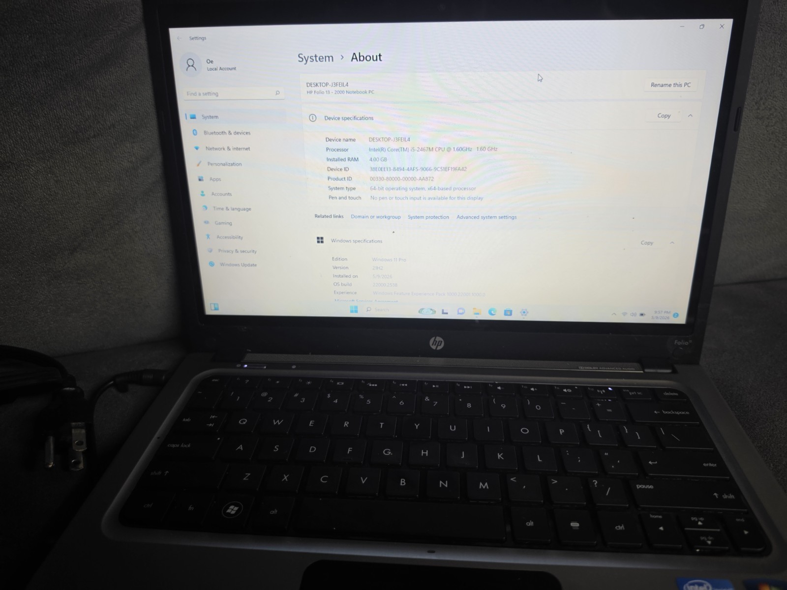 HP Folio 13-2000 Intel i5-2467M 1.6GHz 4 GB Windows 11 (KEYBOARD Issue)