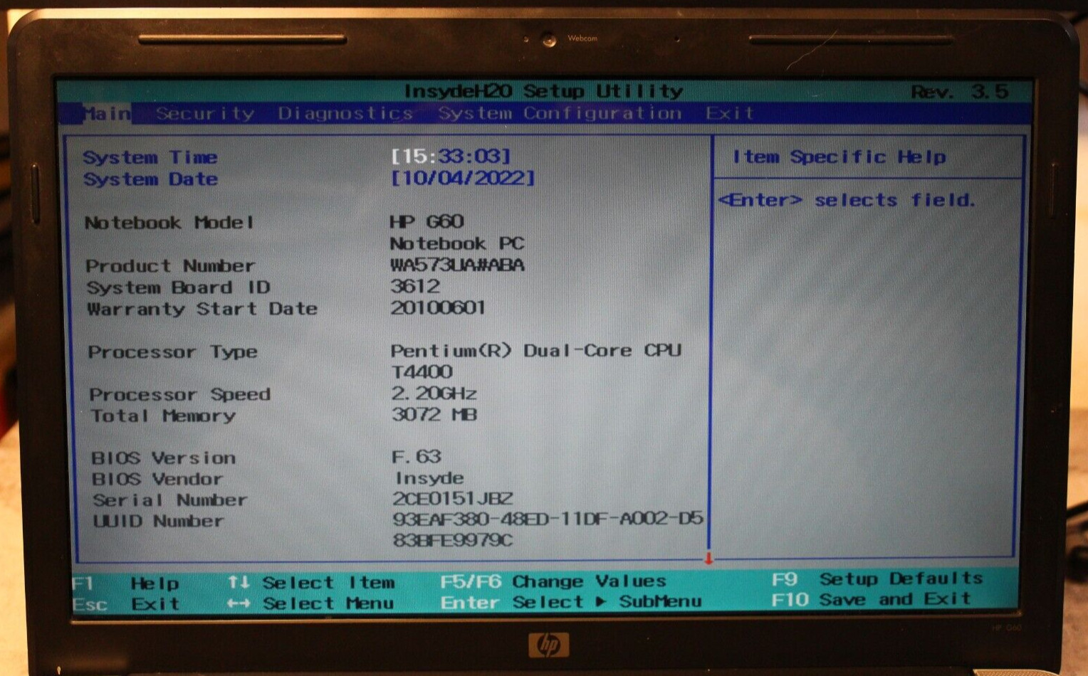 HP G60 Notebook For Parts 320GB HDD Wiped 3GB Ram Pentium T4400@2.20GHz CPU
