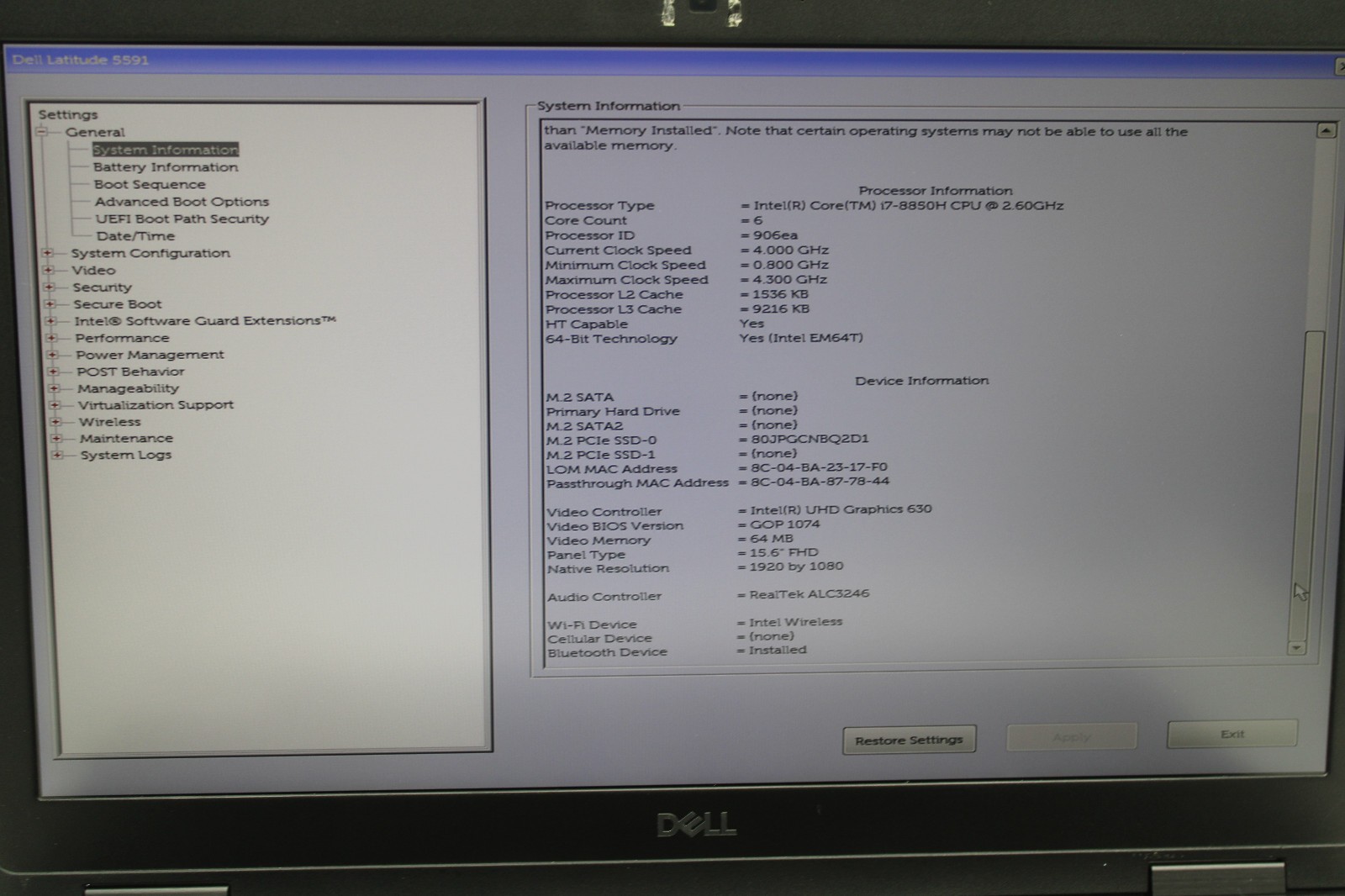 Dell Latitude 5591 i7-8850H @ 2.6 GHz 8GB RAM 512GB SSD Windows 11 Home
