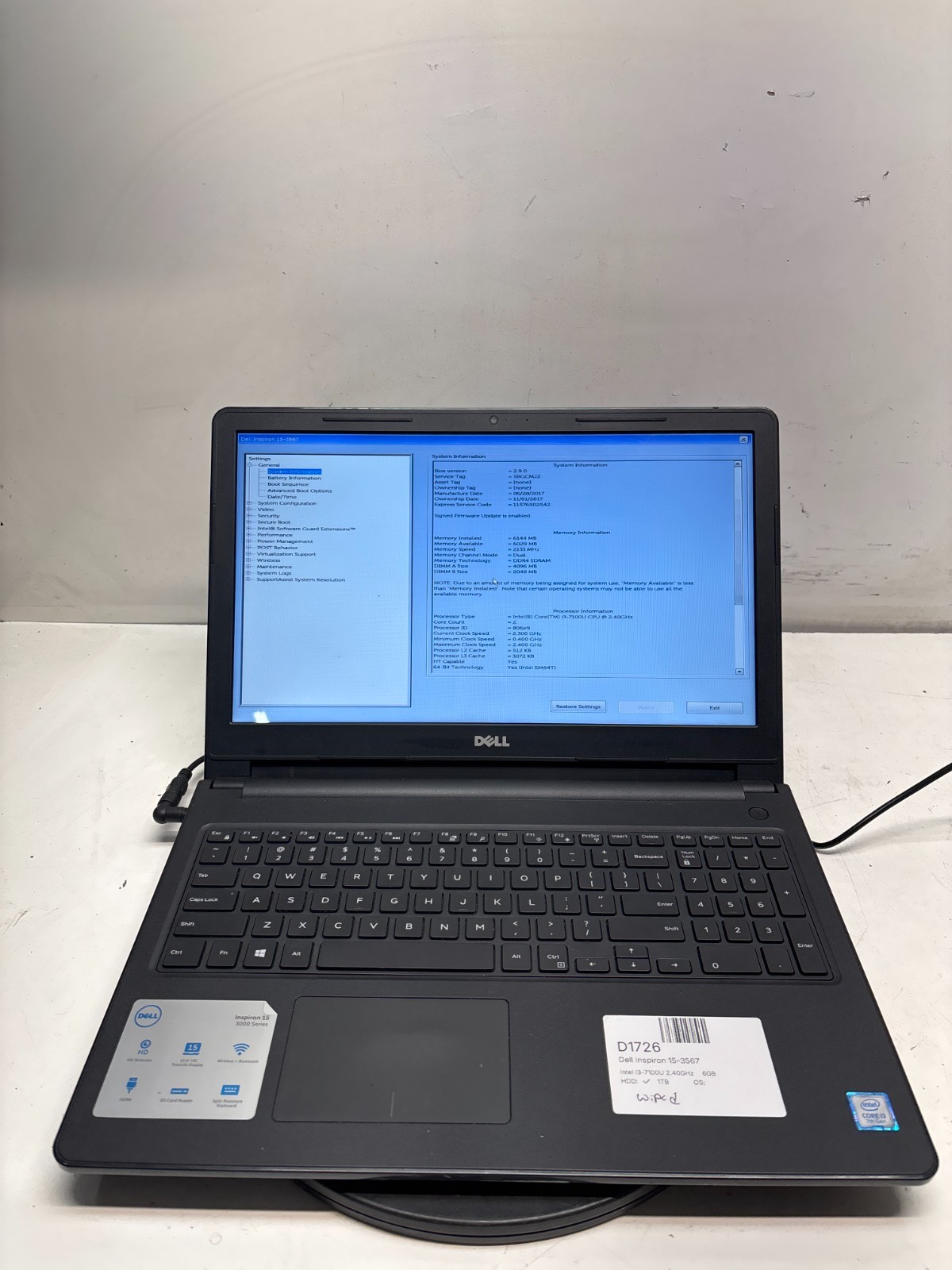 Dell Inspiron 15-3567 Intel I3-7100U 2.40GHz 6GB 1TB