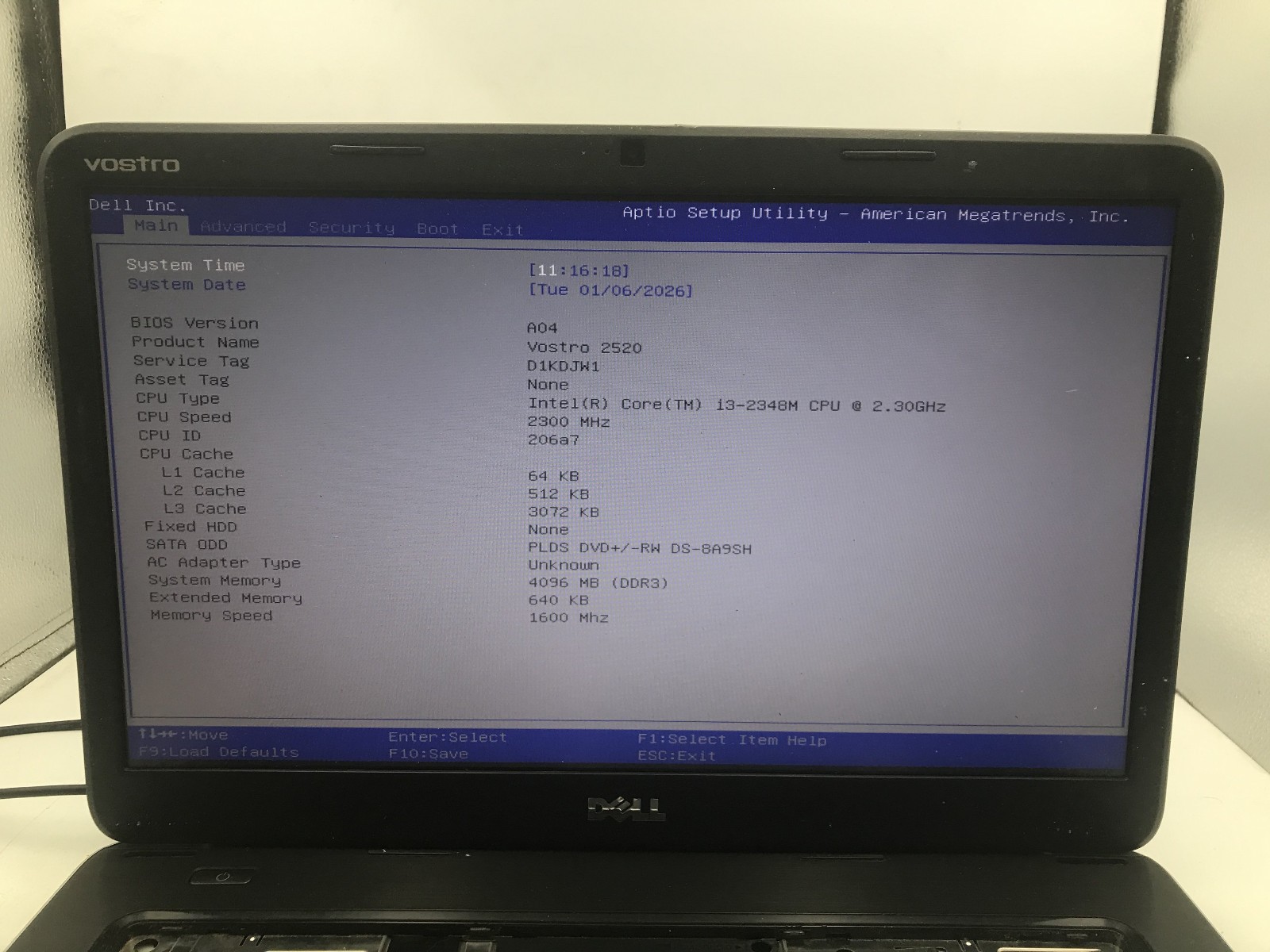 DELL VOSTRO 2520 – BOOTS TO BIOS – INTEL I3 2348M – NO RAM -READ DESCRIPTION- BB