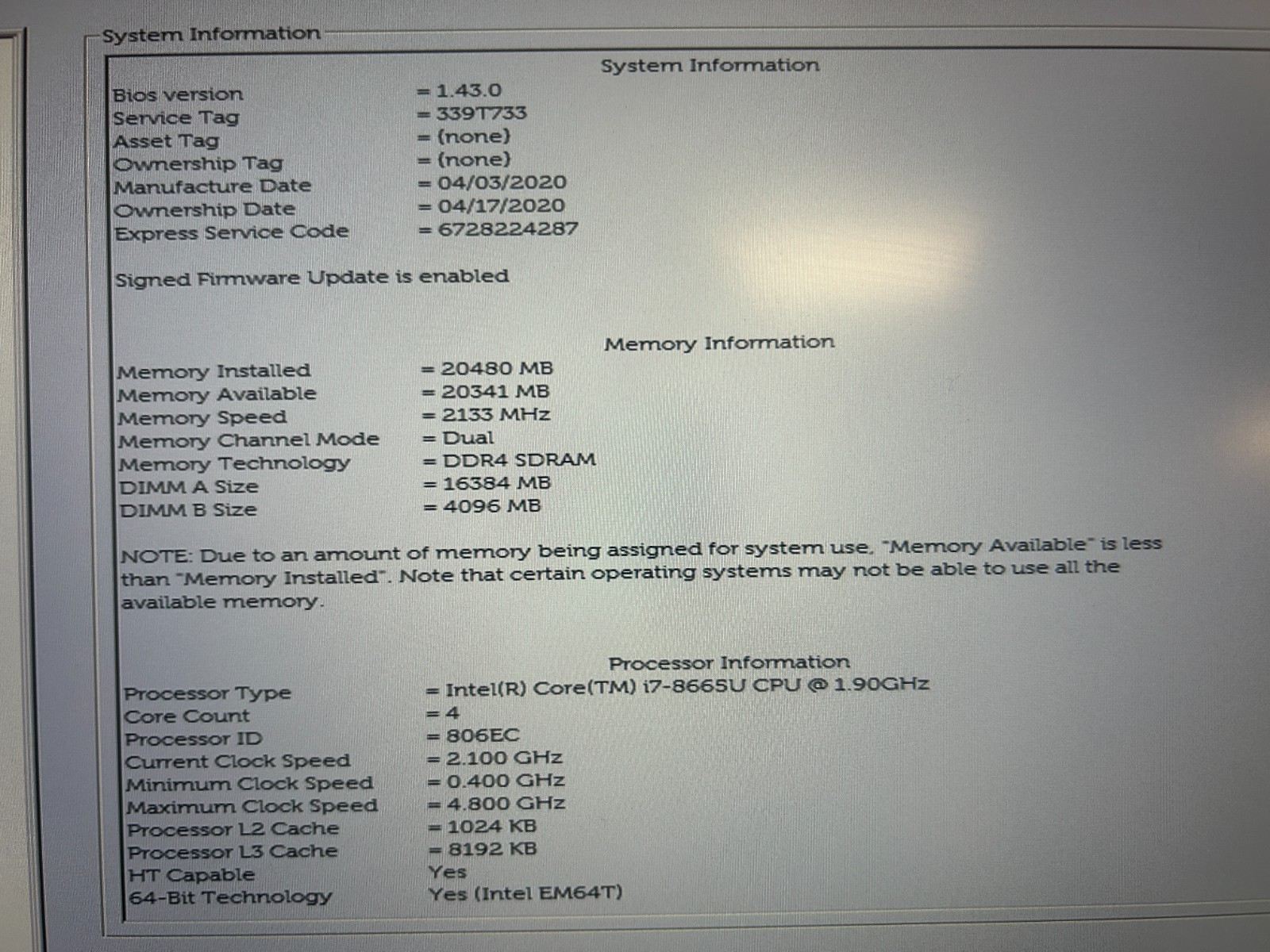 DELL LATITUDE 7400, Intel Core i7-8665U, 1.90 GHz, 20 GB RAM, 256 GB M.2