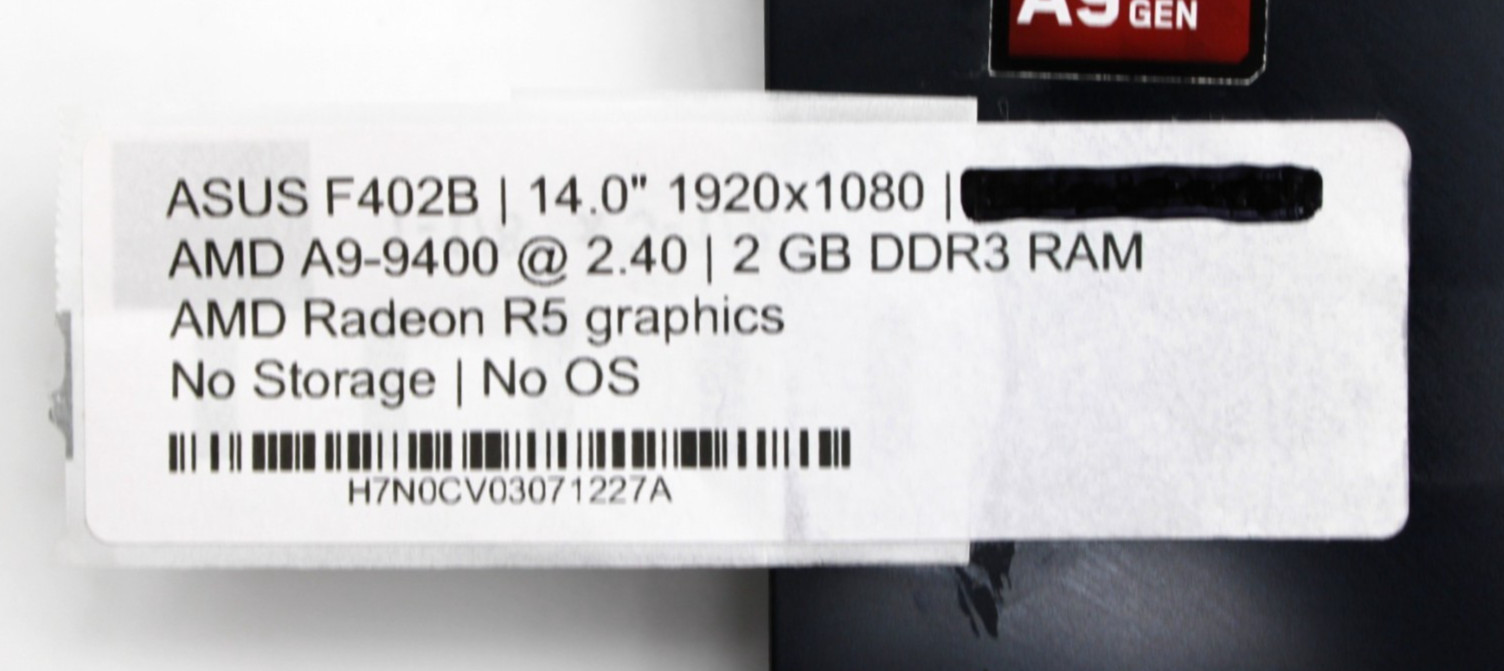 ASUS F402B AMD A9-9400@2.4GHz 2GB DDR3 NO STORAGE OR OS *USED/TESTED*