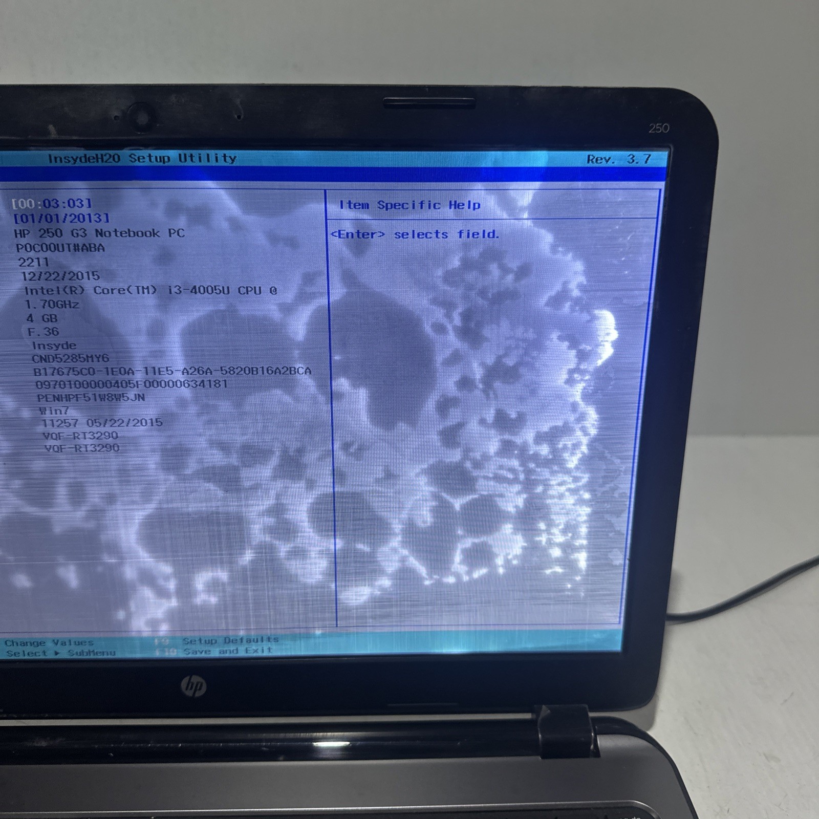 Hp 250 G3 Notebook i3-4005u 4gb Ram No Drives Boots Bios Water DMG