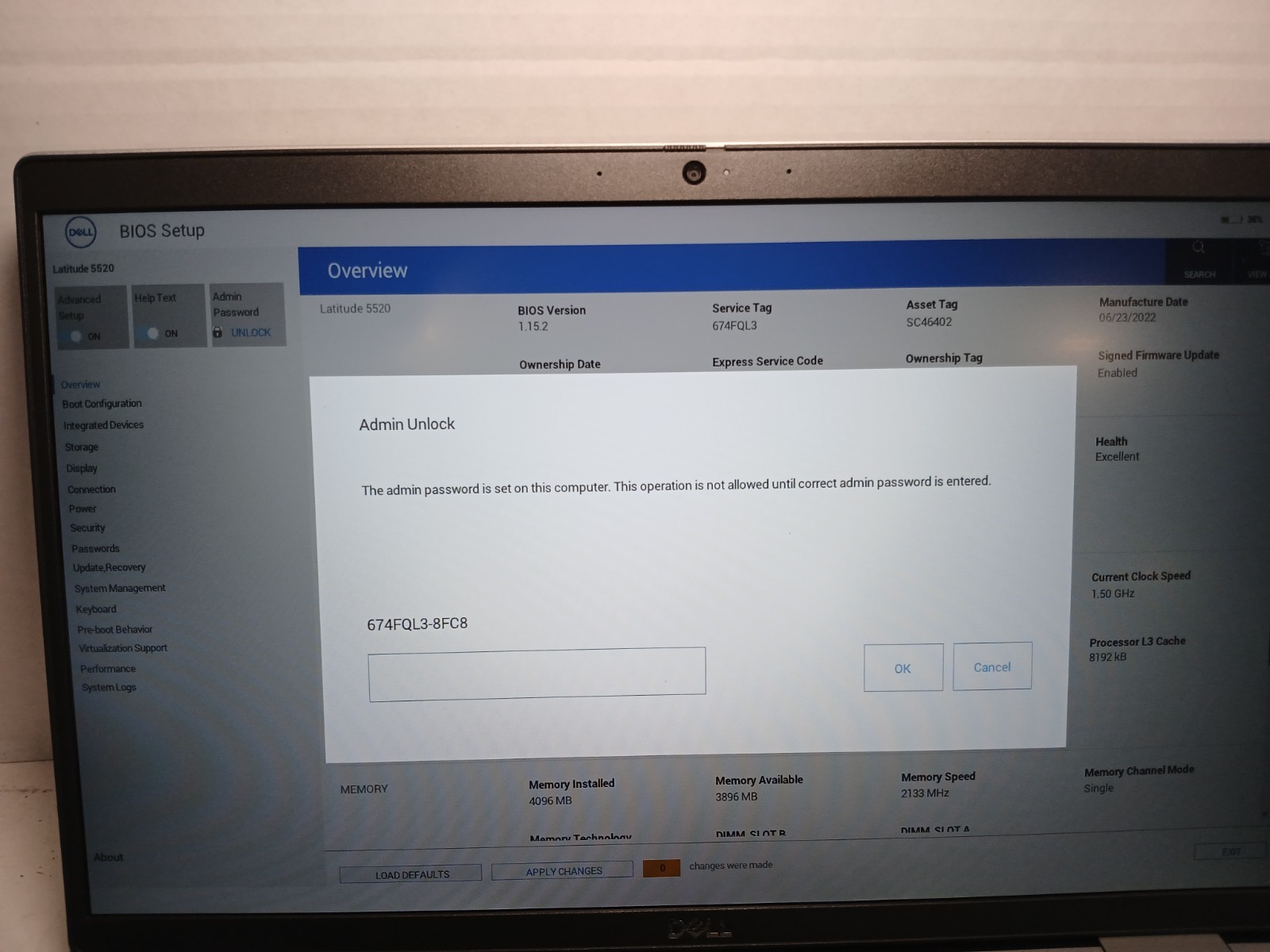 Dell Latitude 5520 15.6″ i5-1145G7 2.6GHz 4GB RAM NO SSD NO OS! BIOS PW! #97