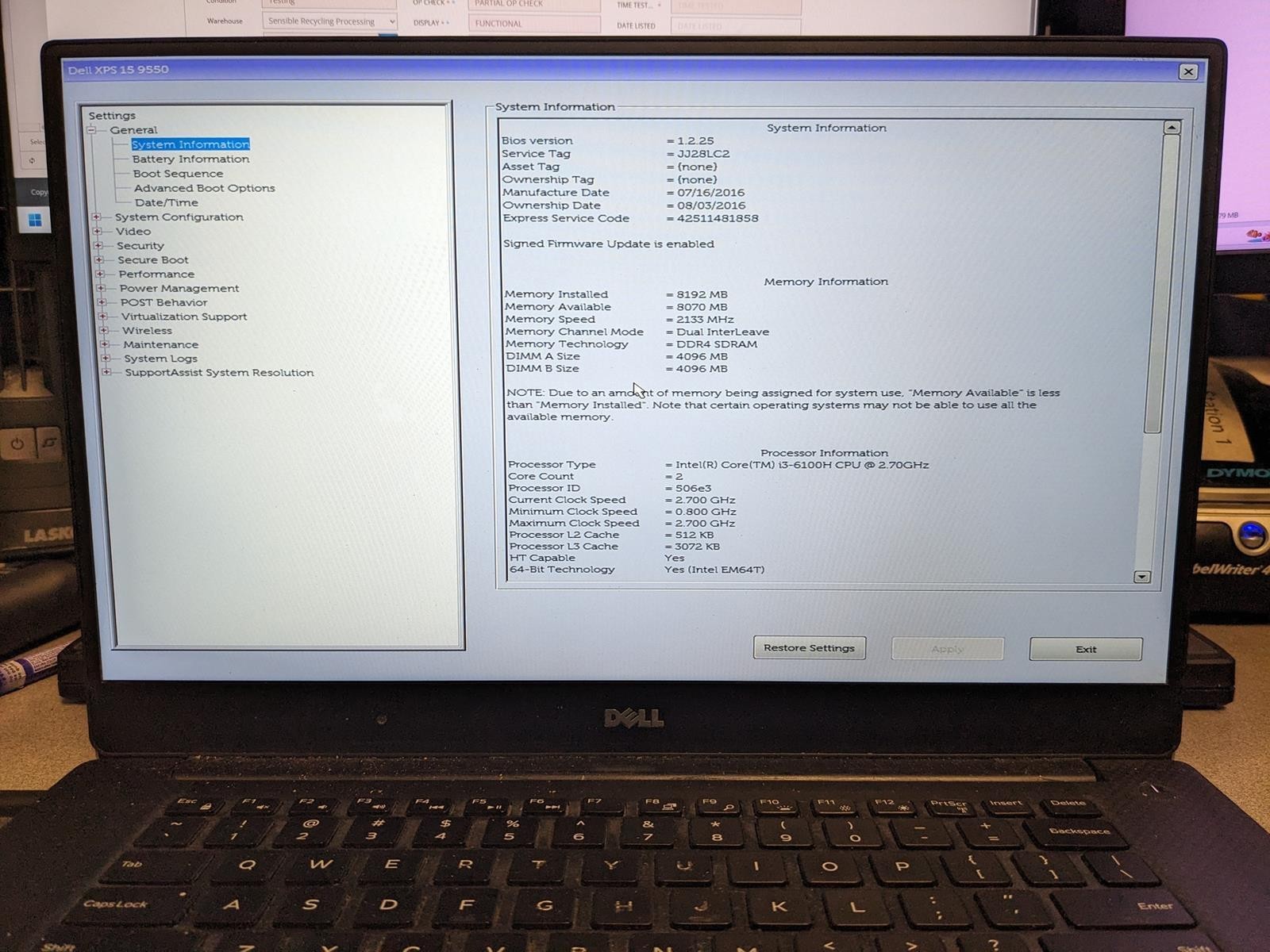 DELL XPS 15 9550 i3-6100H @ 2.70GHz, 8GB RAM, NO HDD/OS