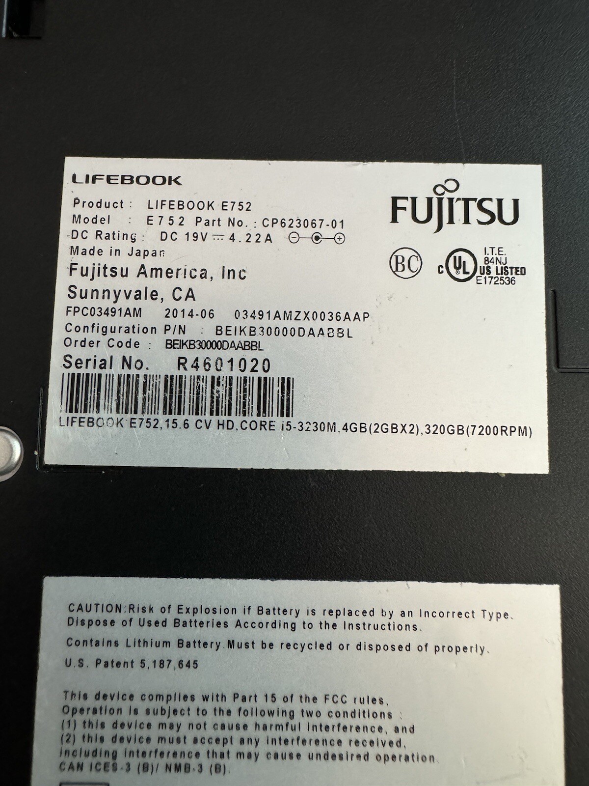 Fujitsu Lifebook E752 4GB W/ Bluetooth, DVD Writer, Tested, No Operating System