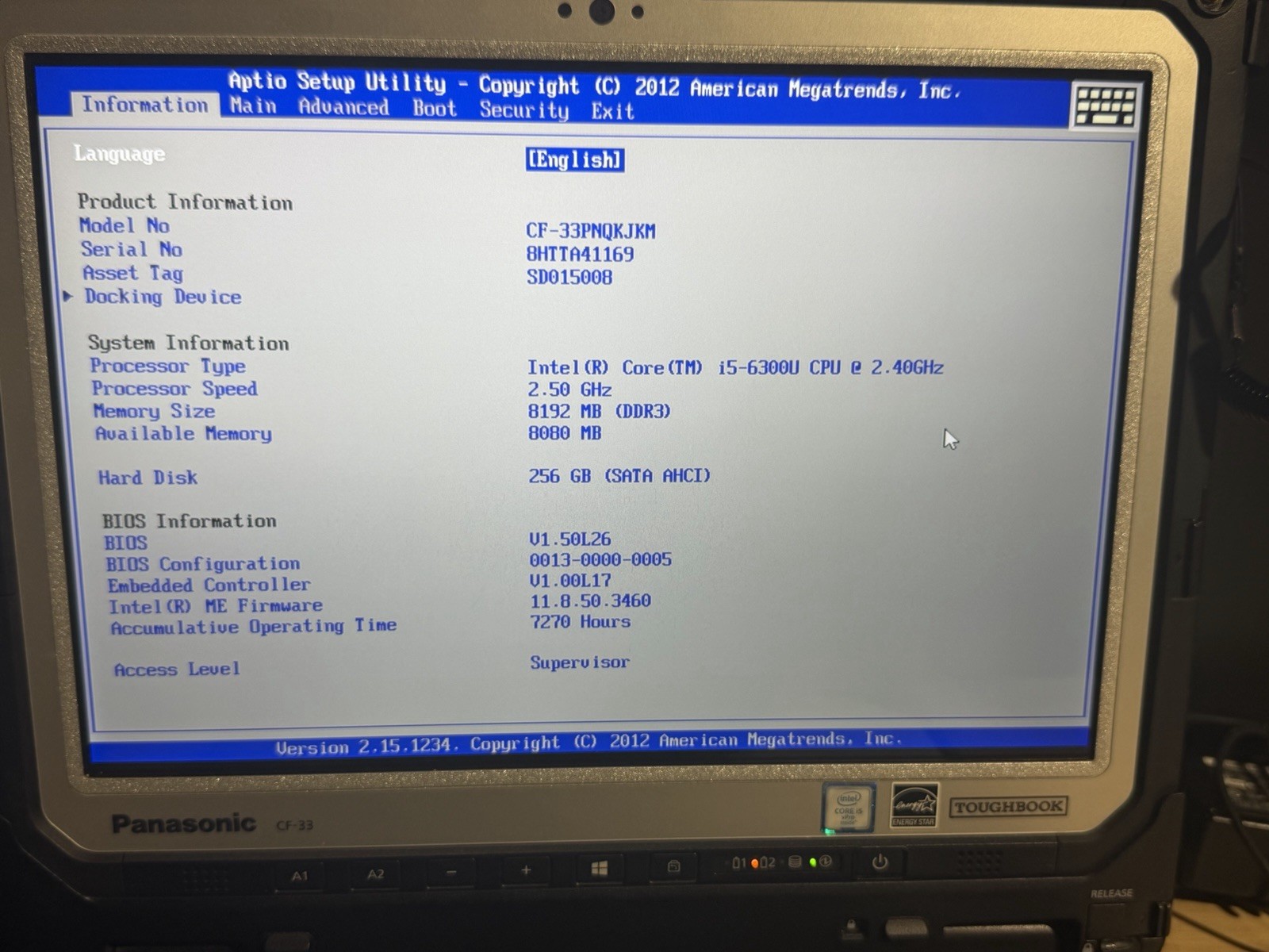 Panasonic ToughBook CF-33 i5-6300U 8GB Ram 256 SSD Win11 Pro. Touchscreen