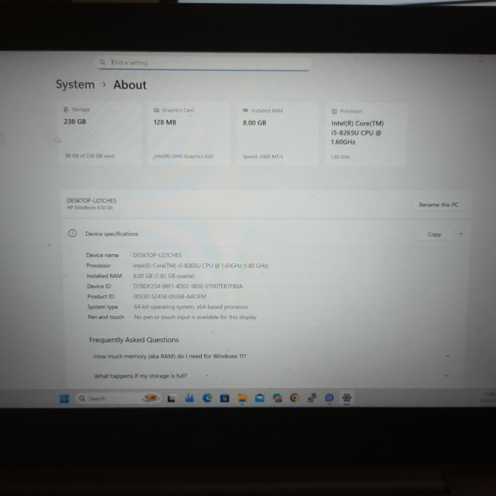 HP EliteBook 830 G6 Laptop i5-8265U 1.6GHz 8GB 256GB SSD Win11 Pro