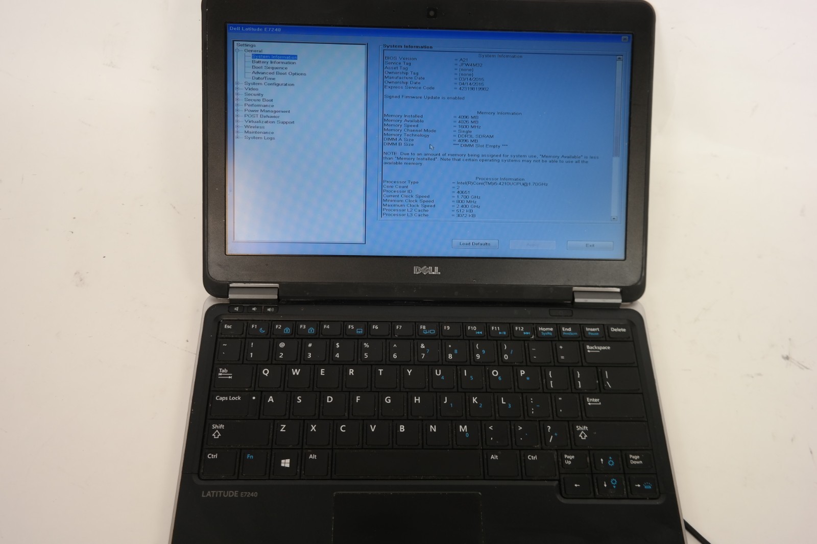 Dell Latitude E7240-intel i5 – No RAM – No HDD – No Battery -Boots to bios