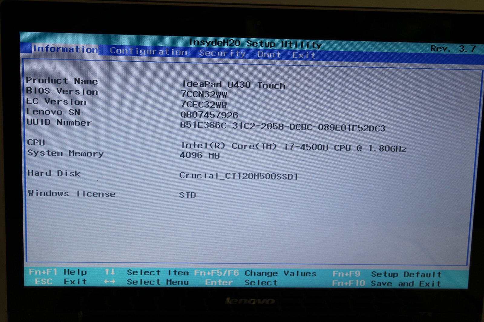 Lenovo IdeaPad U430 Touch i7-4500U @ 1.8 GHz 4GB RAM 120GB SSD No OS