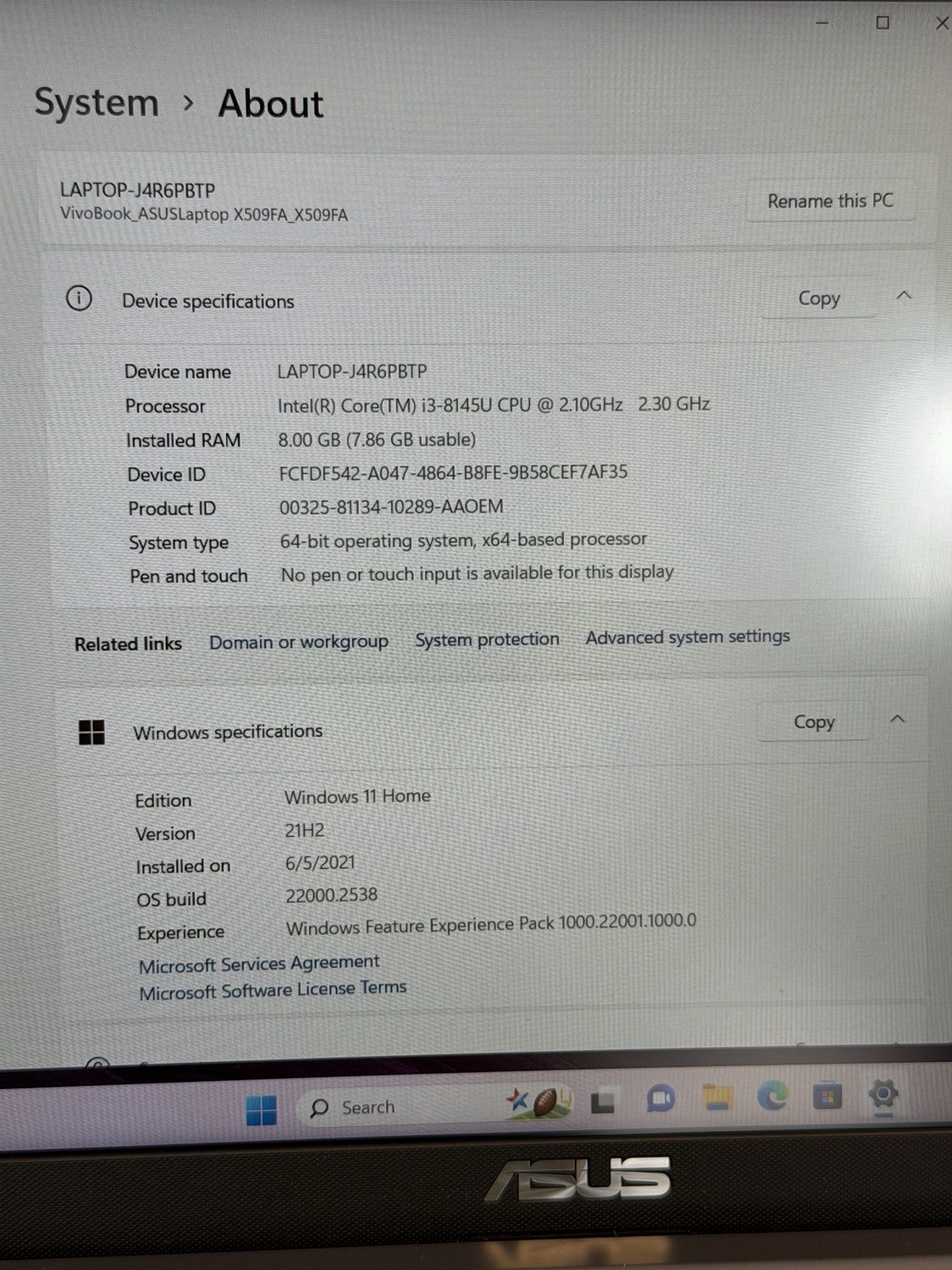 ASUS Vivobook X509FA-RH3 15″ Intel i3-8145U 8GB DDR4 512GB SSD Windows 11 Home