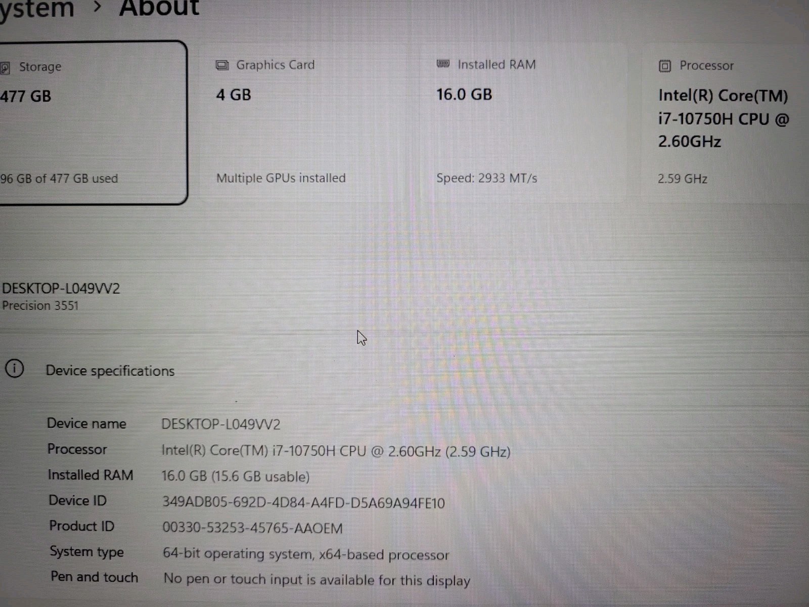 Dell Precision 3551 Intel i7-10750H 2.6GHz, 16GB RAM, 512GB NVMe, WIN 11 Pro