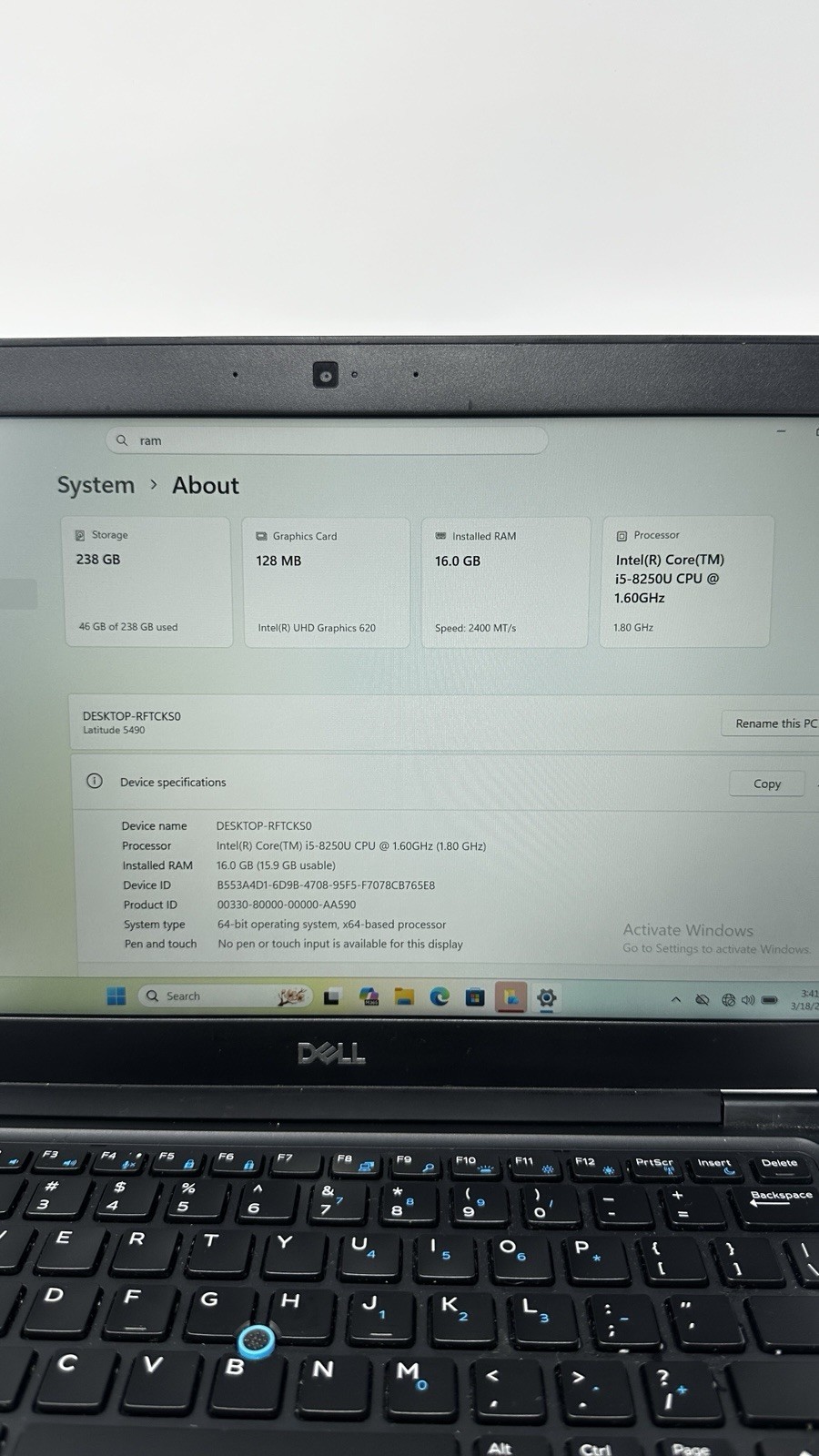 Dell Latitude 5490 i5-8250U 16GB 238GB SSD Windows 11 Pro 14″ Black